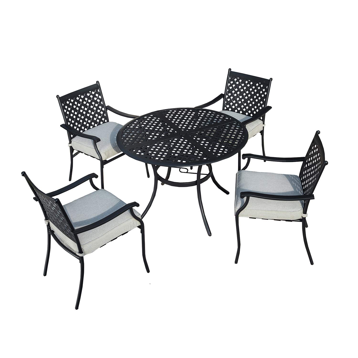 5-Piece Outdoor Patio Dining Set with All-Weather Bistro Chairs & Cushions - Round Metal Table with Umbrella Hole - Perfect for Deck, Lawn, Garden, Poolside & Backyard Entertaining (Black/Grey) | Festival Depot