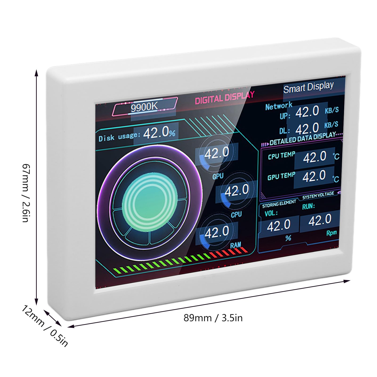 3.5 Inch IPS USB-C PC Temperature Monitor with Continuous Dimmer & Rotating Theme Editor - CPU Data Display for Desktop Chassis (White) - Perfect for Gaming Rigs, Workstations & Home Office Setups