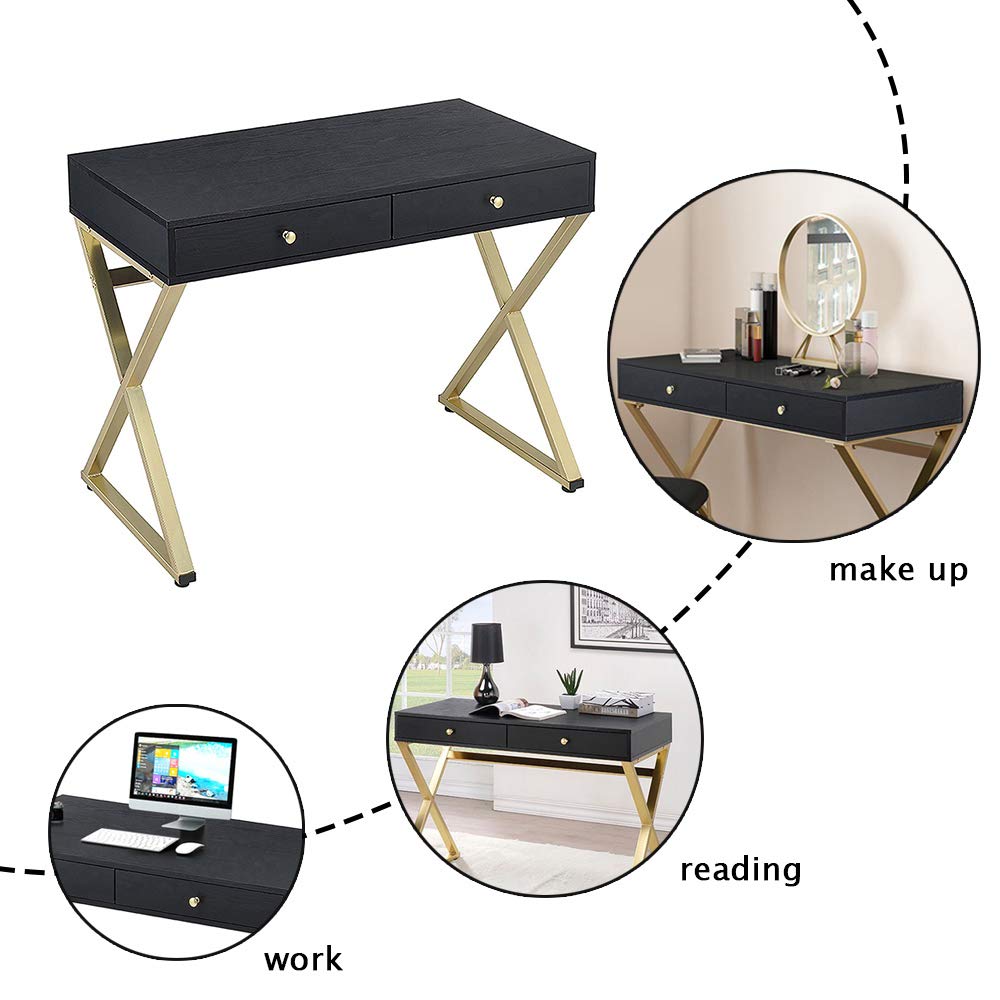 Modern Black & Brass Writing Desk with 2 Drawers - Elegant Vanity Dressing Table for Women, Stylish Makeup Desk, Home Office Workstation for PC/Laptop - Perfect for Bedroom, Living Room, and Home Office Spaces