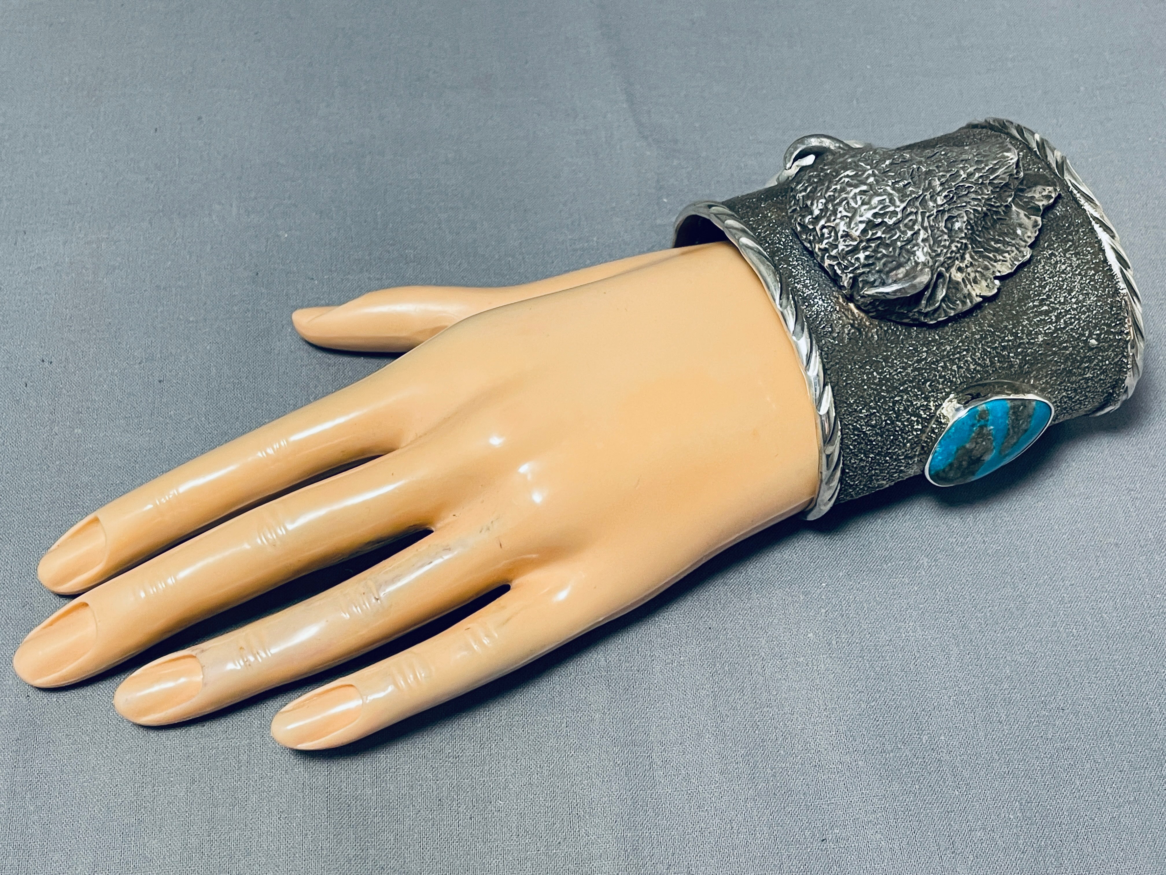 176 Gram Bison Native American Turquoise Sterling Silver Wide Cuff Bracelet - Handmade Jewelry for Women, Boho Chic Accessories, Gift for Her, Perfect for Festivals & Special Occasions