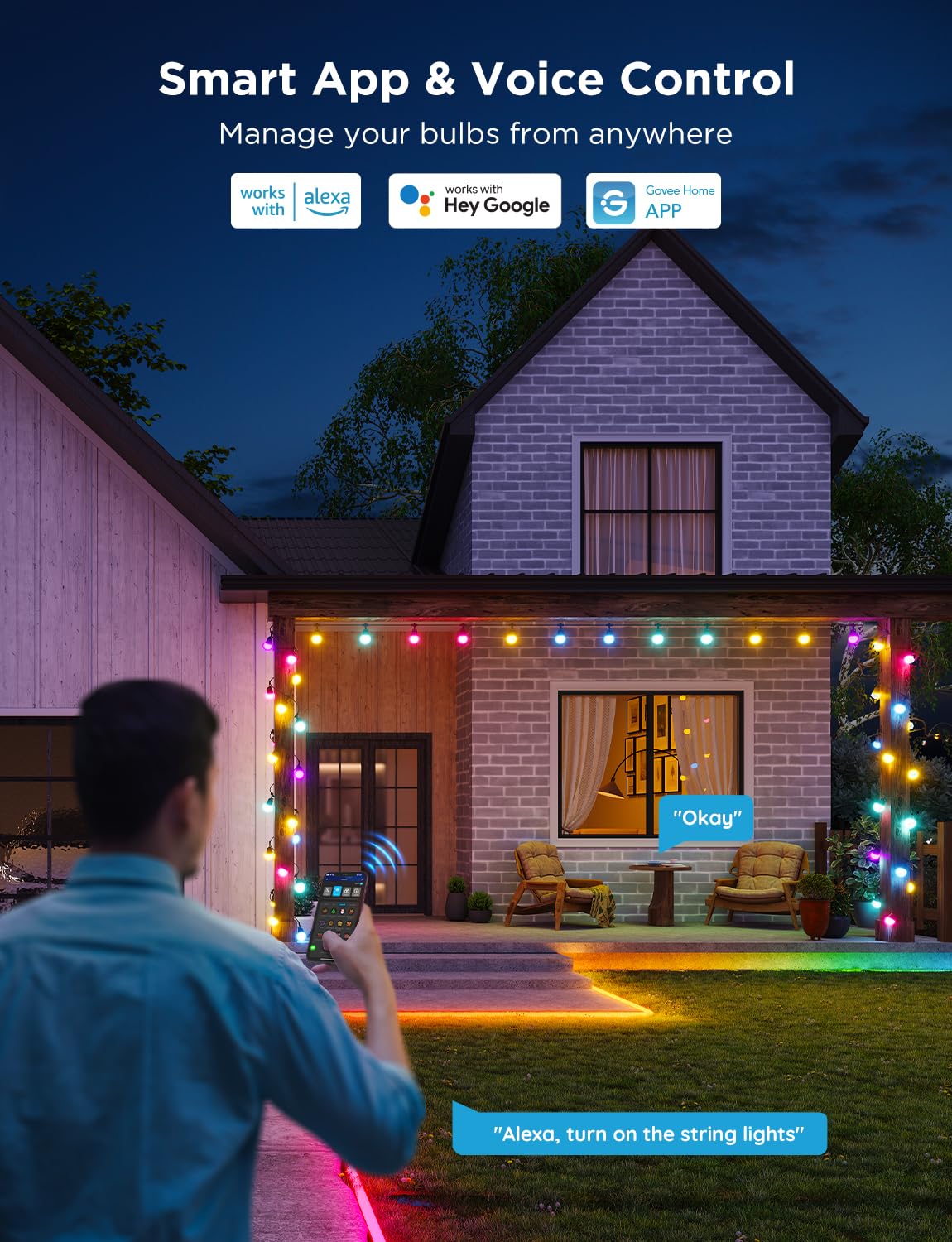 Govee 144ft Smart Outdoor String Lights with Dimmable Warm White LED Bulbs - 47 Scene Modes, IP65 Waterproof, Alexa & App Control - Perfect for Patio, Backyard, Balcony, Garden & Outdoor Parties