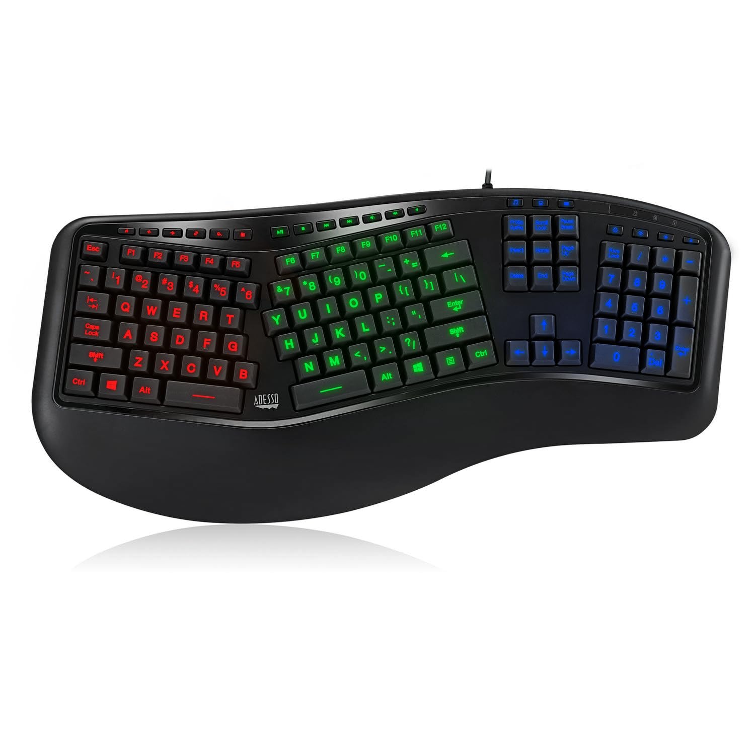 Adesso Tru-Form 150 Ergonomic Keyboard - 3-Color Backlit, Split Key Design, Quiet Membrane Keys, Multimedia Hotkeys, USB Wired for Windows PC/Mac - Perfect for Office Work, Gaming & Typing Comfort