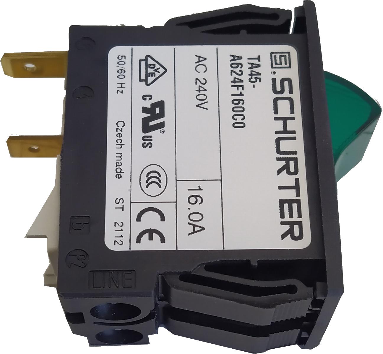 4430.2031 TA45 A624F140C0 AZM10, 2 Pole Rocker Switch, Non-Latched, 14 AMP 240VAC, 1 Pole Thermal Overload Protection, Screw Terminal, Green Illuminated Transparent Cover, IP54 Rated - Ideal for Industrial Control Panels and Electrical Equipment