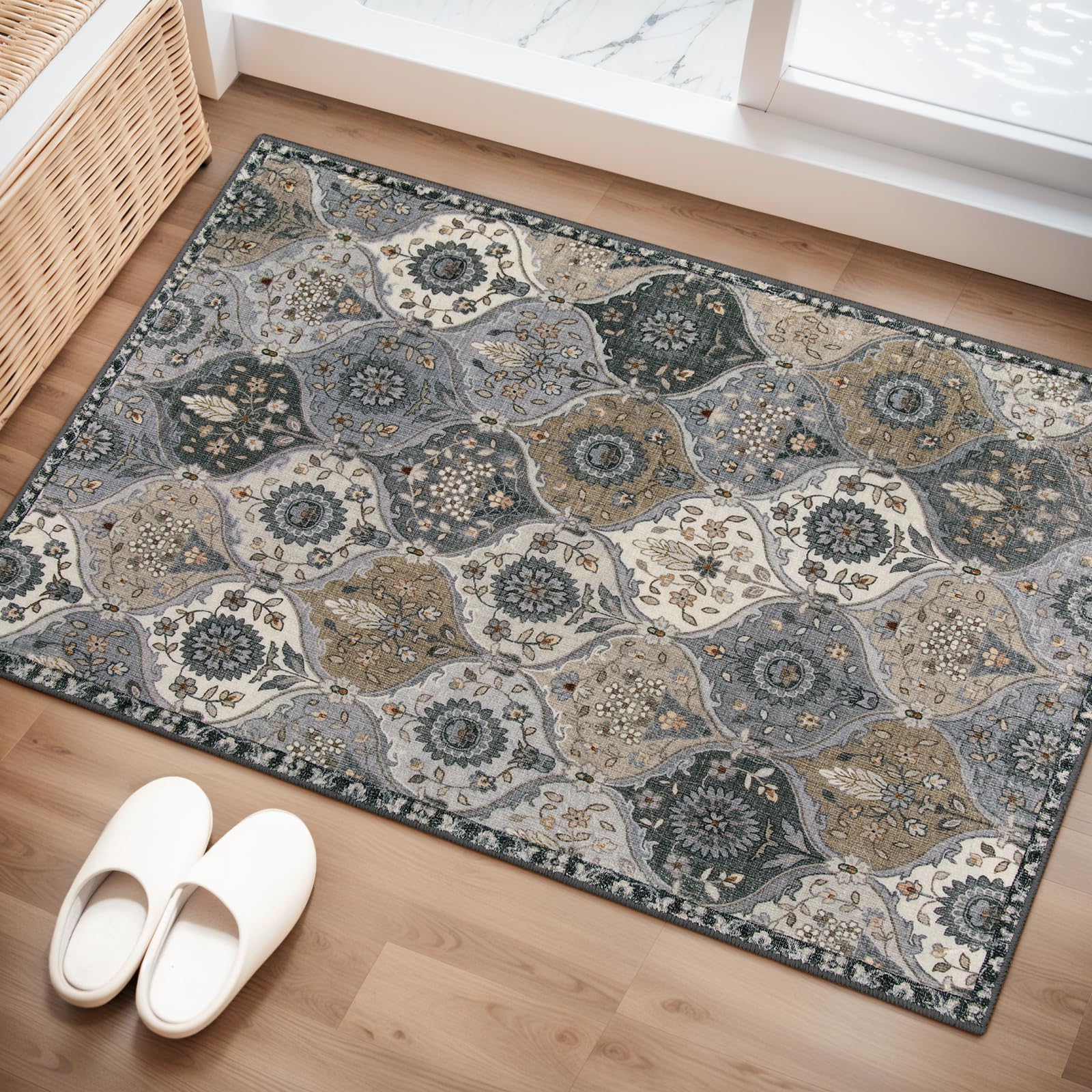 Lahome Moroccan Trellis Area Rug 2x3 Feet - Non-Slip Washable Indoor Door Mat, Small Oriental Accent Throw Carpet for Bedroom Kitchen Entry Bathroom - Grey Home Decor for Living Room, Dorm & Office