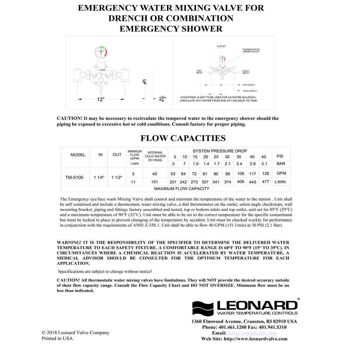 Leonard LF Thermostatic Mixing Valve for Emergency Showers - 40 GPM Flow Rate, TM 5100 LF Model - Ideal for Industrial Safety & Laboratory Use