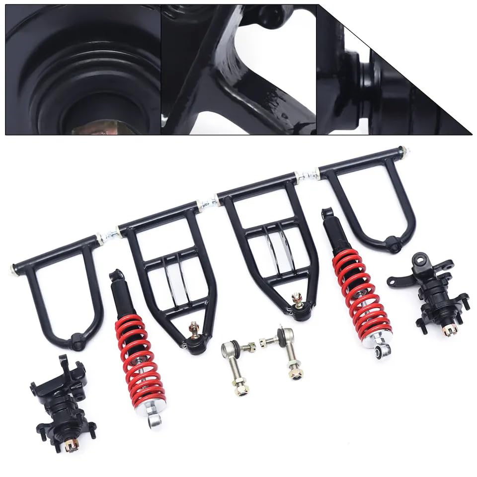 340MM Front Suspension Arm Set Assembly - Upper & Lower Swingarm with 2x Steering Strut Knuckle Spindle & Wheel Hub - Compatible with Quad Bike, Buggy, Electric ATV, Go Kart - Flange Hole Φ8 - Perfect for Off-Roading, Racing & Adventure Riding