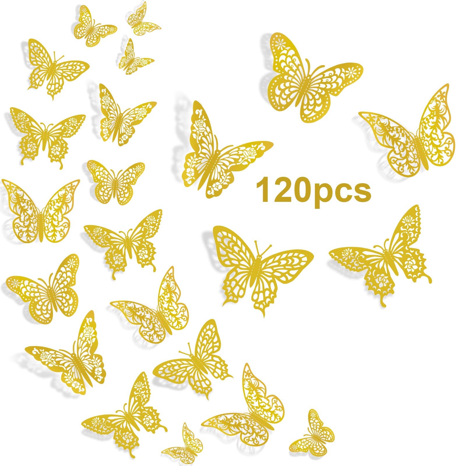 120Pcs Gold Butterfly Decorations for Wall, 3D Butterfly Wall Stickers in 5 Styles & 3 Sizes - Removable Gold Butterflies for Birthday Party, Cake Decor, Room Decor - Perfect for Wedding, Baby Shower, Home & Event Decoration