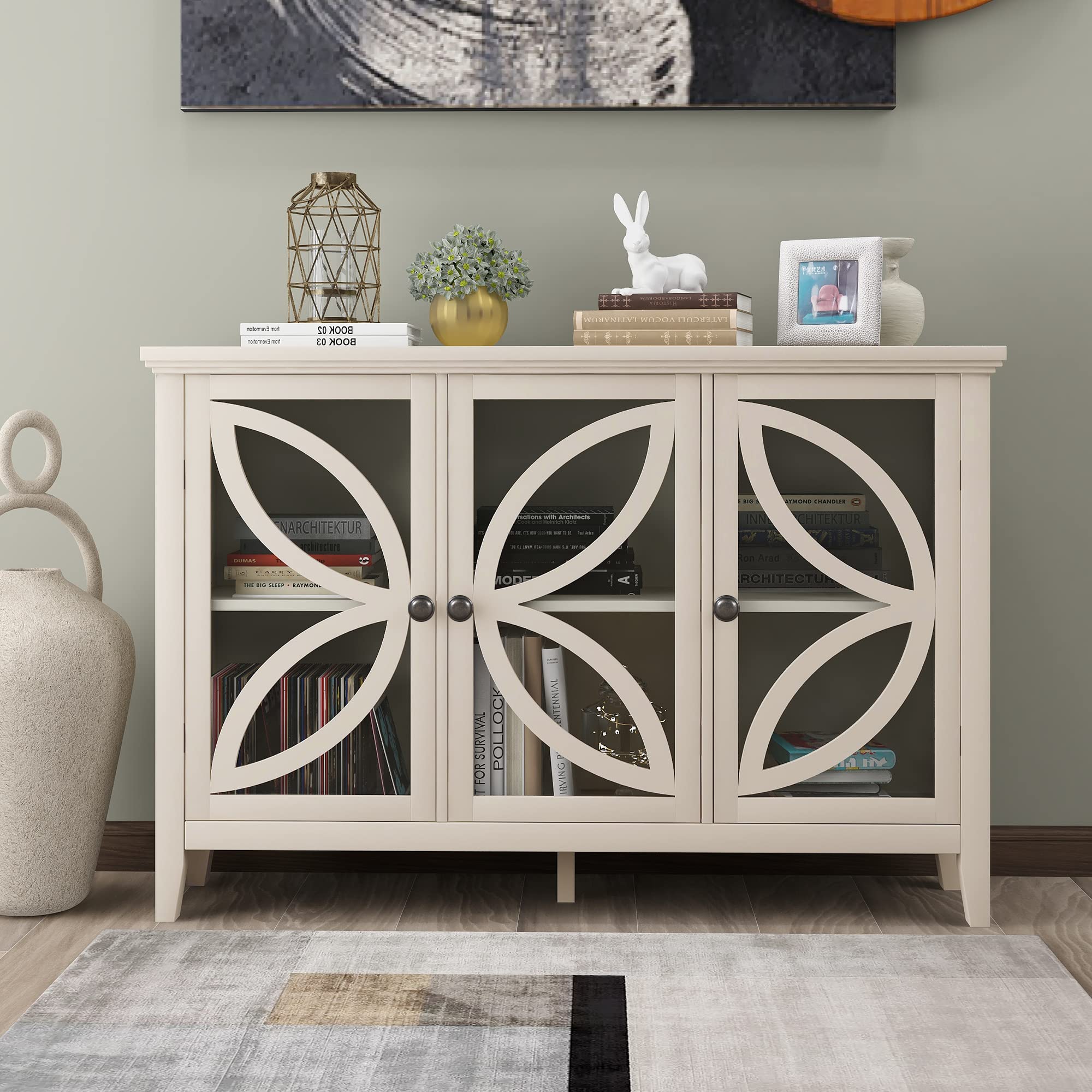 Vintage Sideboard Storage Cabinet with 3 Glass Doors & Adjustable Shelves - Solid Wood Accent Cabinet for Entryway, Kitchen, Dining & Living Room - Perfect for Home Decor & Organization (White-Vintage Style)