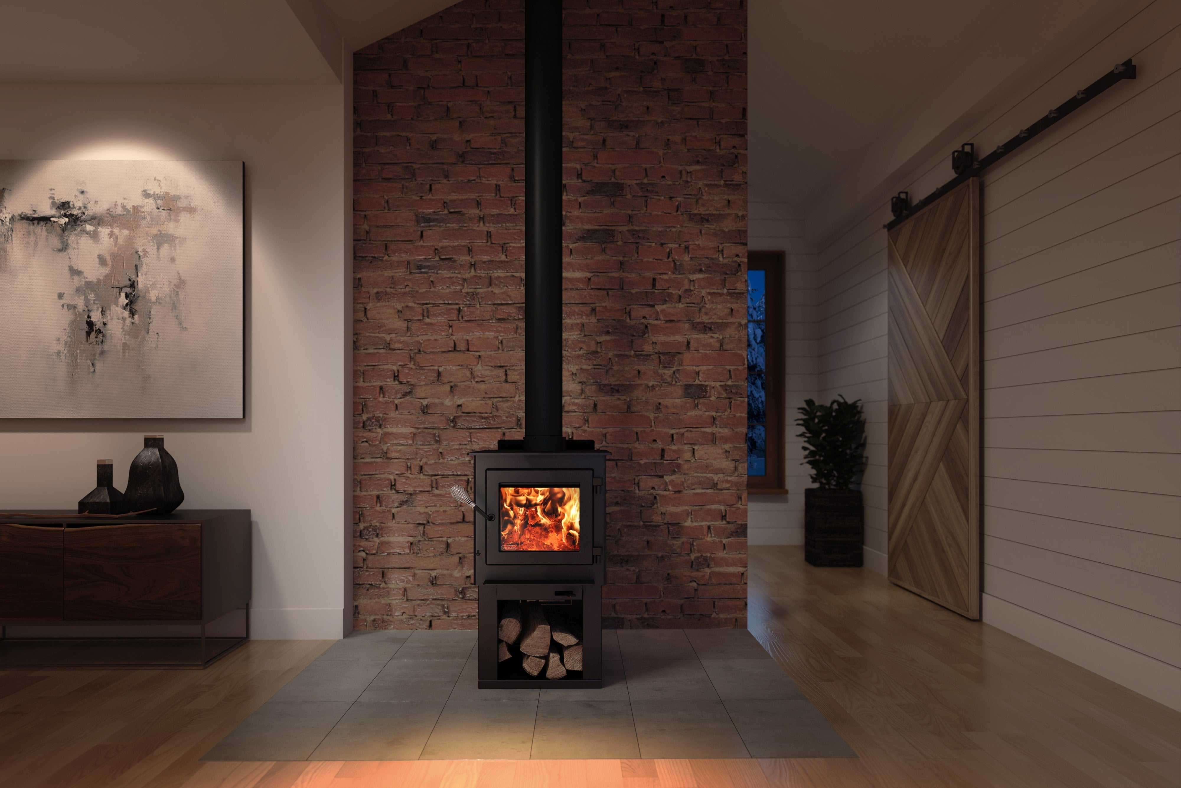 Drolet Deco Nano 1,200 Sq. Ft. EPA Certified Wood Burning Stove with Pedestal Stand & Firewood Storage - Perfect for Small Cabins, Tiny Homes, and Cozy Living Rooms