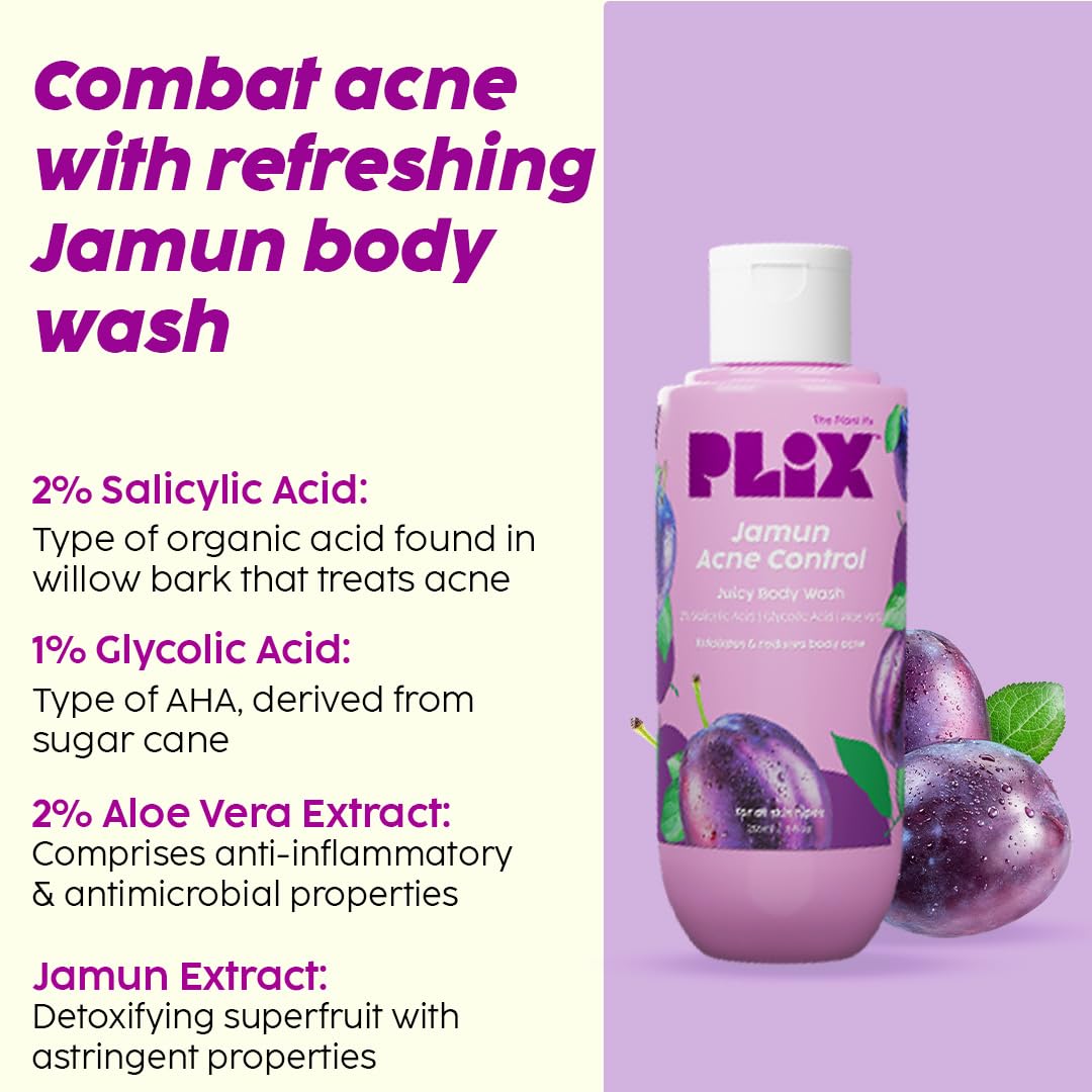 PLIX - THE PLANT FIX Jamun Skincare Combo Set | Cleanser, Body Wash & Acne Serum for Active Acne, Body Breakouts & Oil Control | Oily & Acne-Prone Skin Treatment | Prevents Back Acne | Perfect for Daily Skincare Routine & Gym Recovery