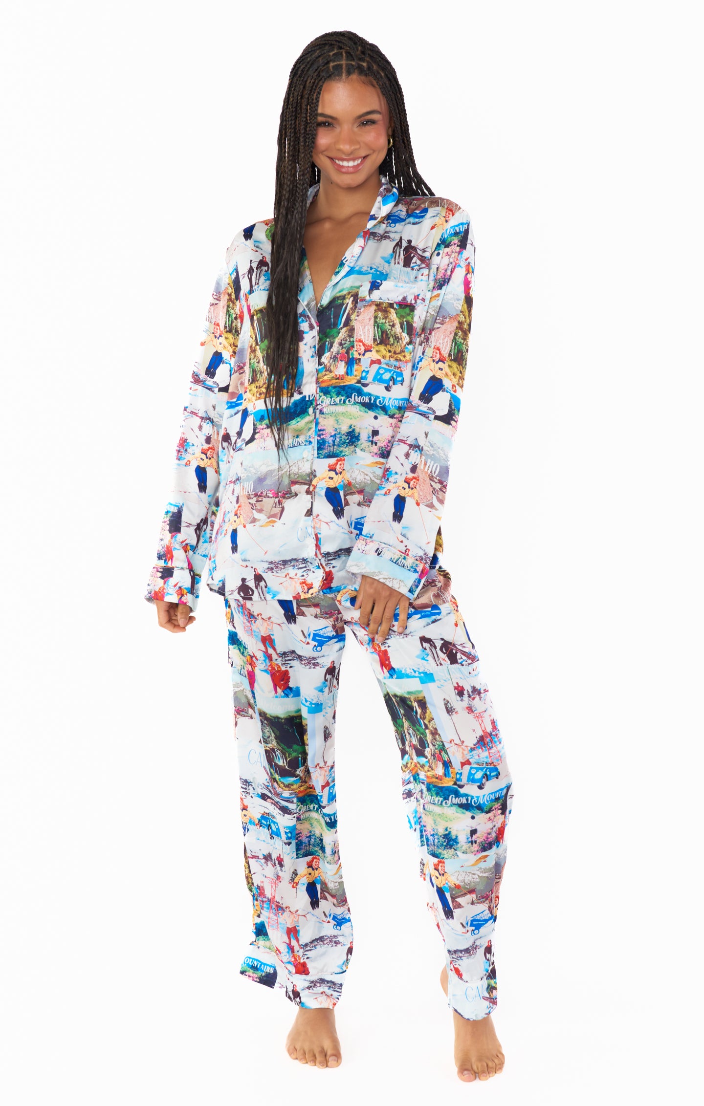Classic Silk Pajama Set for Women - Vintage Ski Postcard Print Sleepwear | Cozy Lounge & Sleepwear for Winter Nights