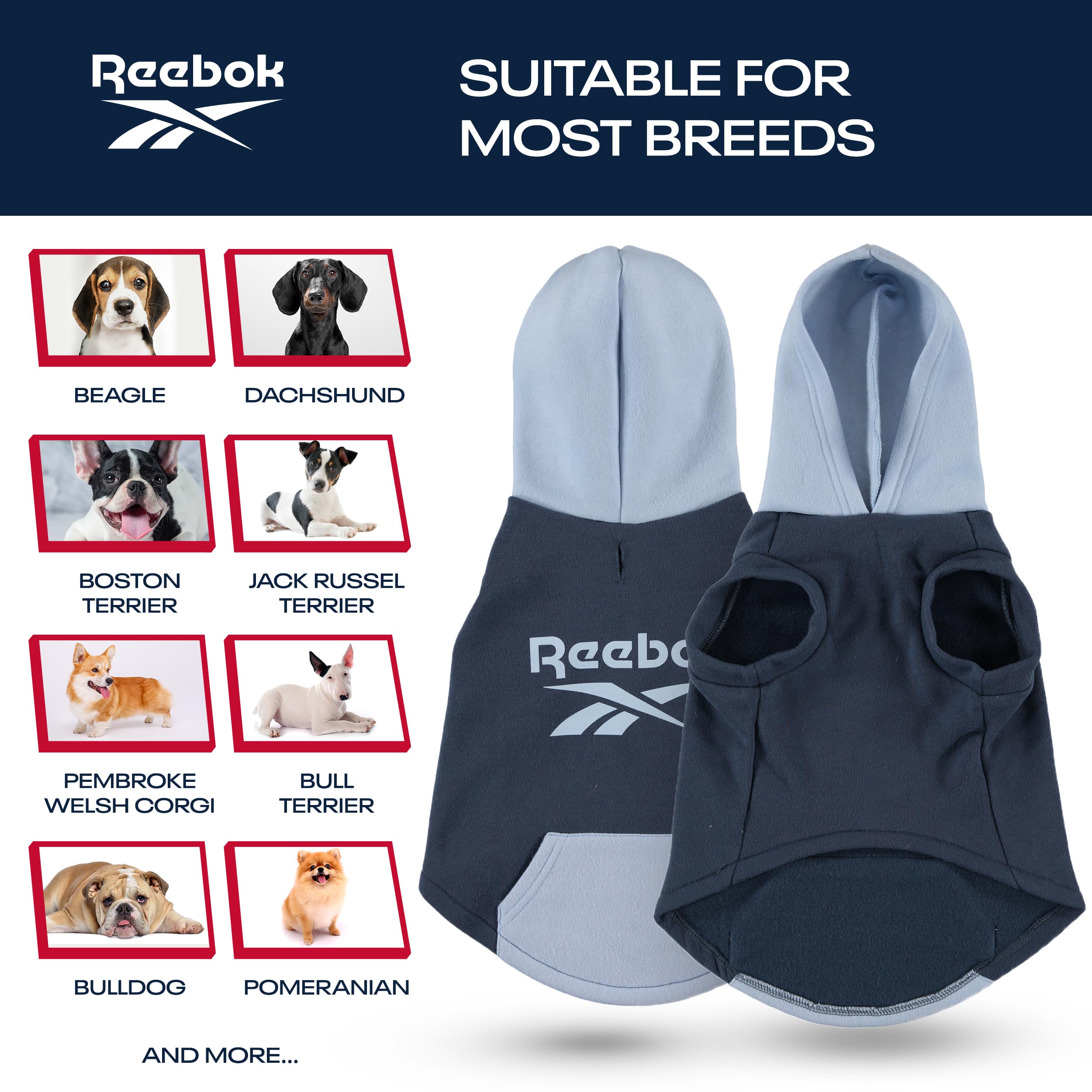 Reebok Fleece Dog Hoodie with Leash Hole - Warm Winter Dog Sweater for Small, Medium & Large Dogs | Cozy Pullover Hooded Sweatshirt for Fall & Christmas | Perfect for Outdoor Walks & Holiday Photos