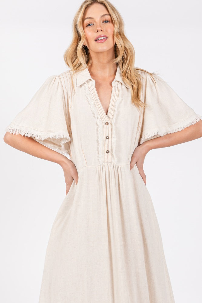Beige Collared Pocketed Midi Dress for Women - Elegant Casual & Office Wear - Perfect for Work, Date Night & Special Occasions