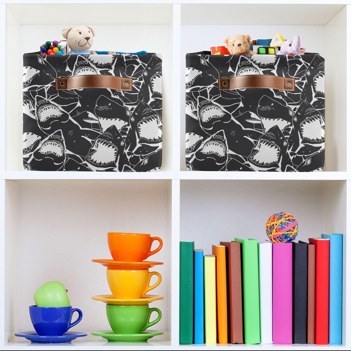 Angry Sharks Black Collapsible Storage Basket with Handles - 2 Pack Foldable Decorative Organizer for Clothes, Toys, Books | Perfect for Bedroom, Nursery, Playroom & Office Organization