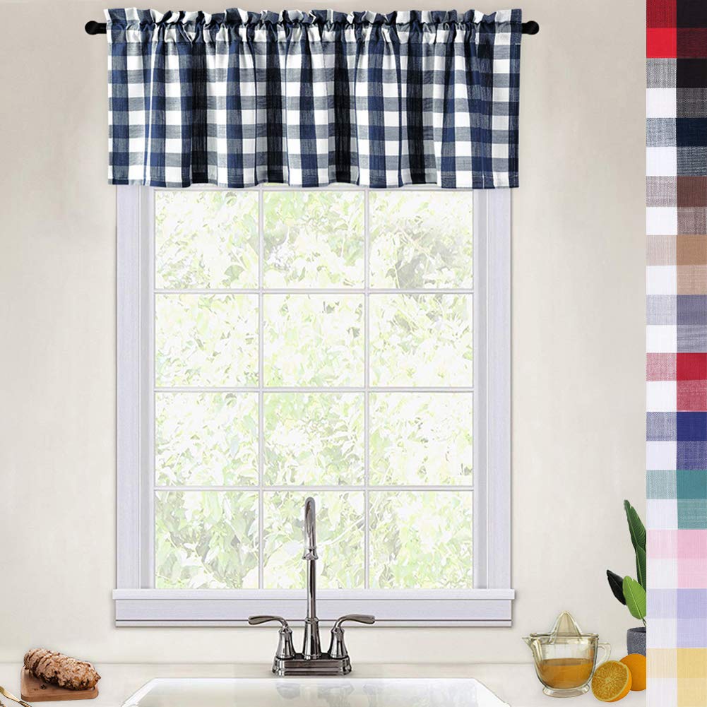 CAROMIO Navy Blue Buffalo Check Gingham Valance Curtains - 52x15 Inch Thick Yarn-Dyed Window Valances for Kitchen, Bathroom & Cafe - Rustic Farmhouse Style Home Decor for Cozy Windows