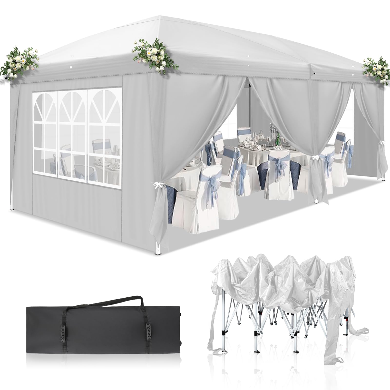 10' x 20' Pop Up Canopy Tent with Sidewalls & Carry Bag - Instant Shelter with Zipper Door - Portable Easy Setup Commercial Canopy for Outdoor Parties, Backyard, Patio, Events - Perfect for Picnics, Farmers Markets & Tailgating (White)