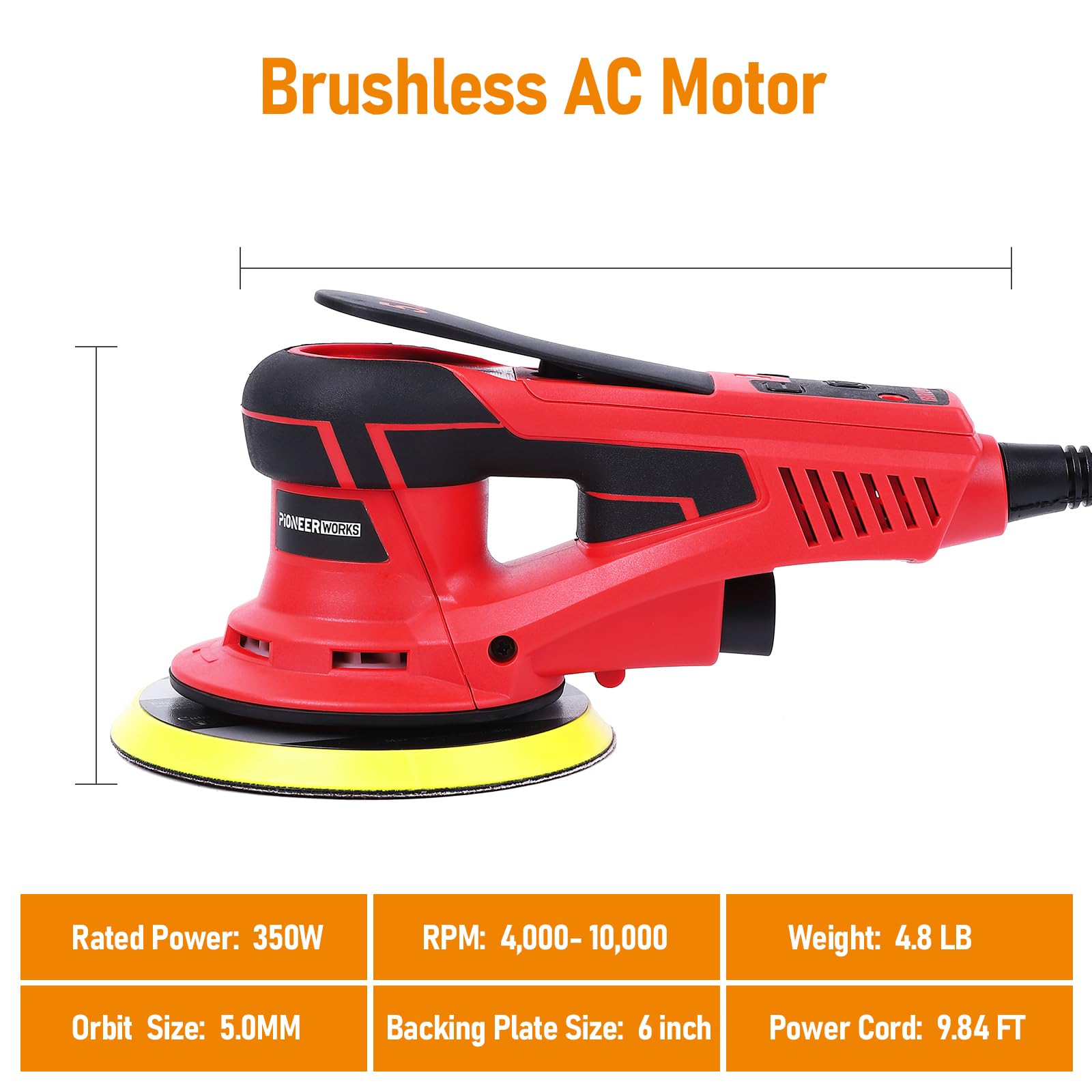PioneerWorks 6-Inch Electric Random Orbital Sander - 350W Brushless Motor, 10000 RPM, Professional Woodworking & Polishing Tool with 20 Sanding Papers - Perfect for Furniture Refinishing, DIY Projects & Auto Body Work