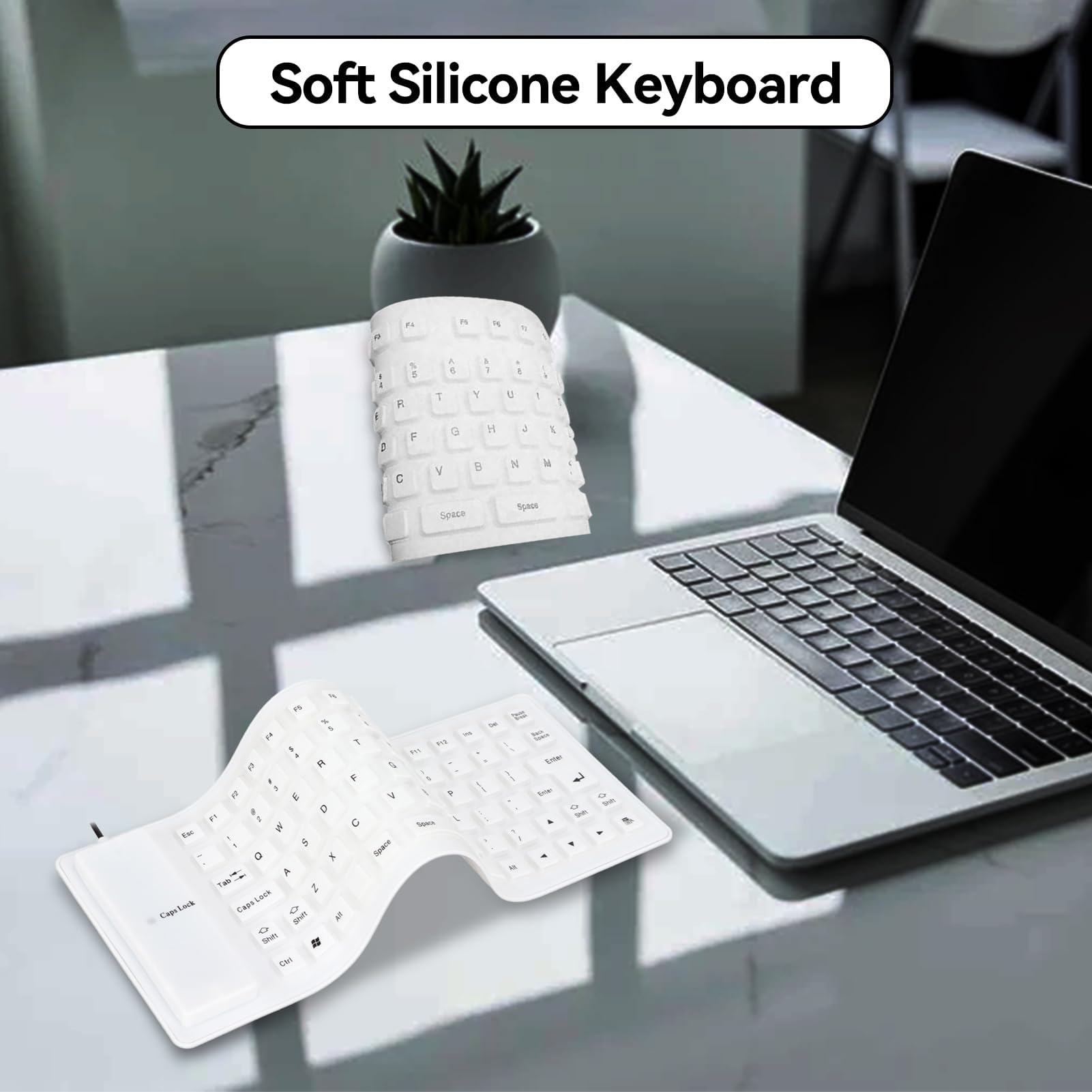 Foldable Silicone USB Keyboard 85 Keys - Waterproof, Silent & Soft Flexible Wired Keyboard for Laptop, PC, Mac - Perfect for Office, Travel & Home Use (White)