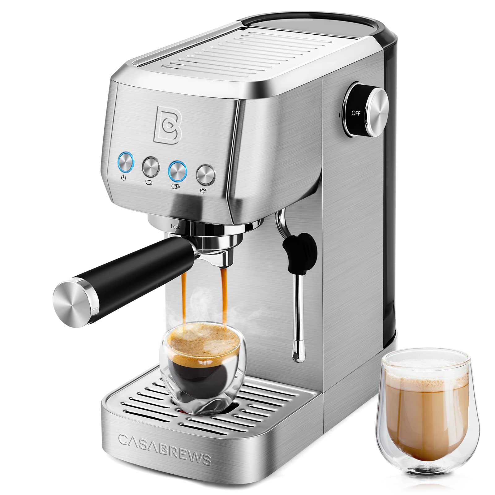 CASABREWS 20 Bar Espresso Machine - Professional Coffee Maker for Cappuccino & Latte with Steam Wand, Compact Design with 1.3L Removable Water Tank, Stainless Steel - Perfect for Home, Office & Coffee Shops