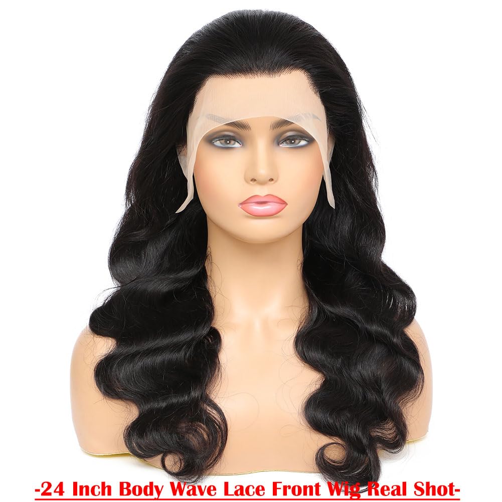 13x4 HD Transparent Lace Front Wig with Baby Hair - 180% Density Brazilian Virgin Human Hair Body Wave Lace Front Wig for Women (24 Inch, Natural Black) | Perfect for Daily Wear, Cosplay & Special Occasions