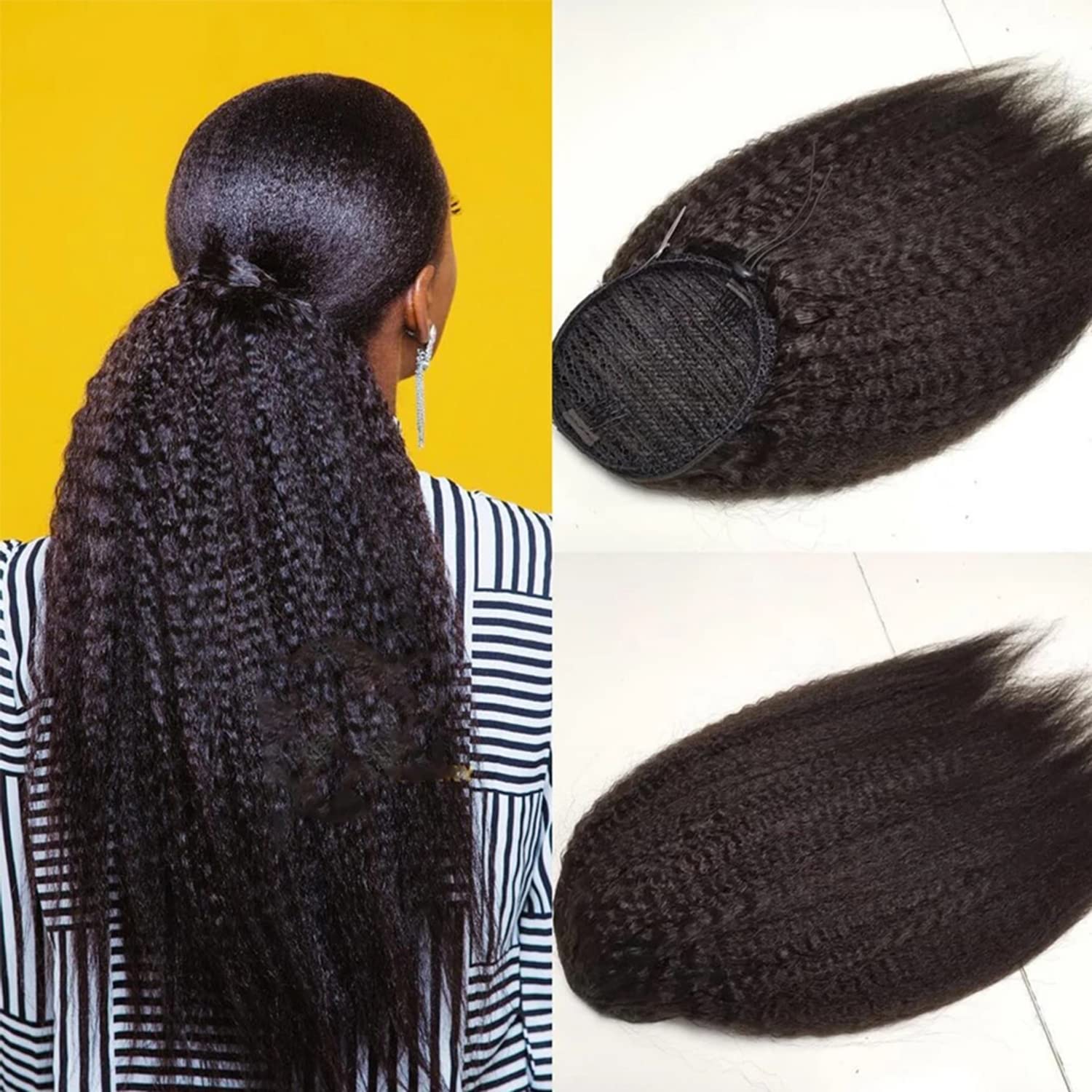 20 Inch Kinky Straight Brazilian Human Hair Ponytail Extensions - 10A Grade Natural Black Yaki Straight Drawstring Ponytail Hairpiece for Black Women | Perfect for Daily Wear, Parties & Special Occasions