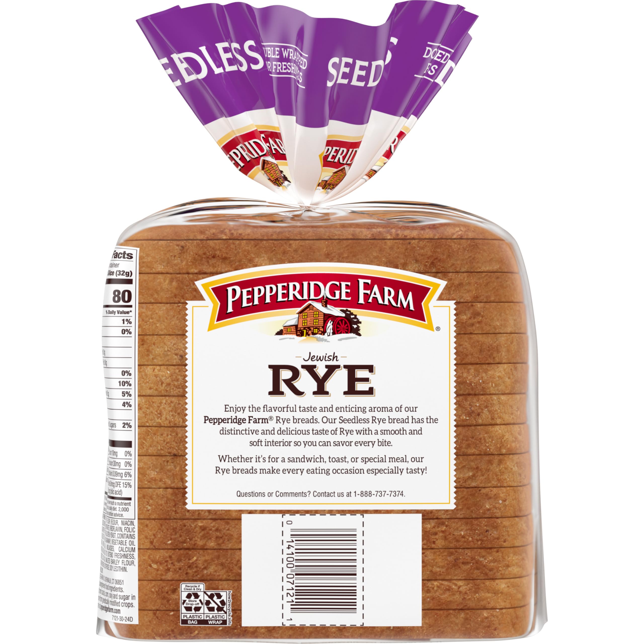 Pepperidge Farm Jewish Rye Seedless Bread - 16 oz Bag | Fresh Baked Deli Style Sandwich Bread for Pastrami & Reuben | Perfect for Sandwiches, Toast & Deli Meats