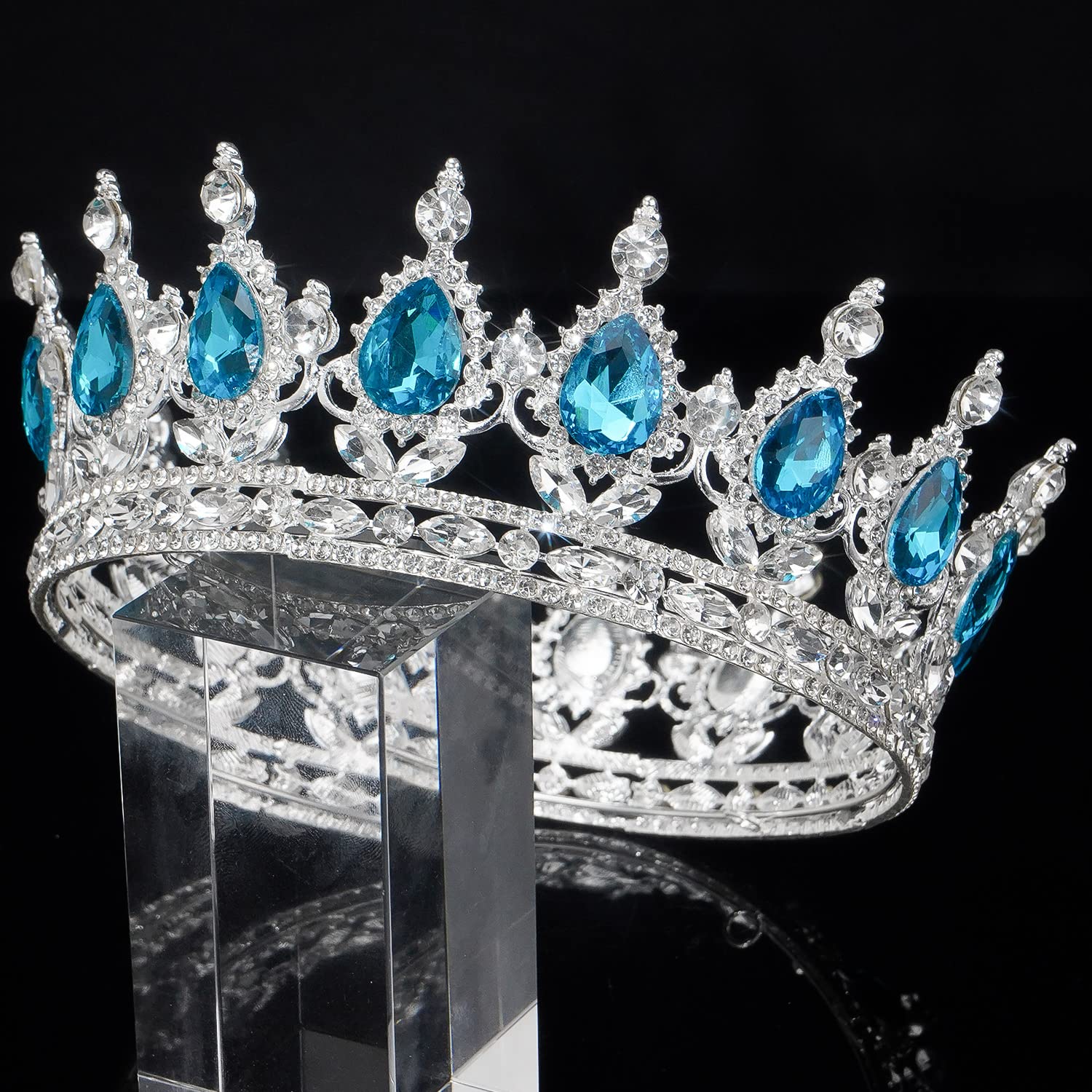 COCIDE Silver Crown for Women & Girls - Lake Blue Crystal Wedding Tiara, Rhinestone Queen Headband, Princess Hair Accessories for Bridal, Birthday, Prom, Costume & Cosplay - Perfect for Weddings, Parties, Pageants & Dress-Up Play