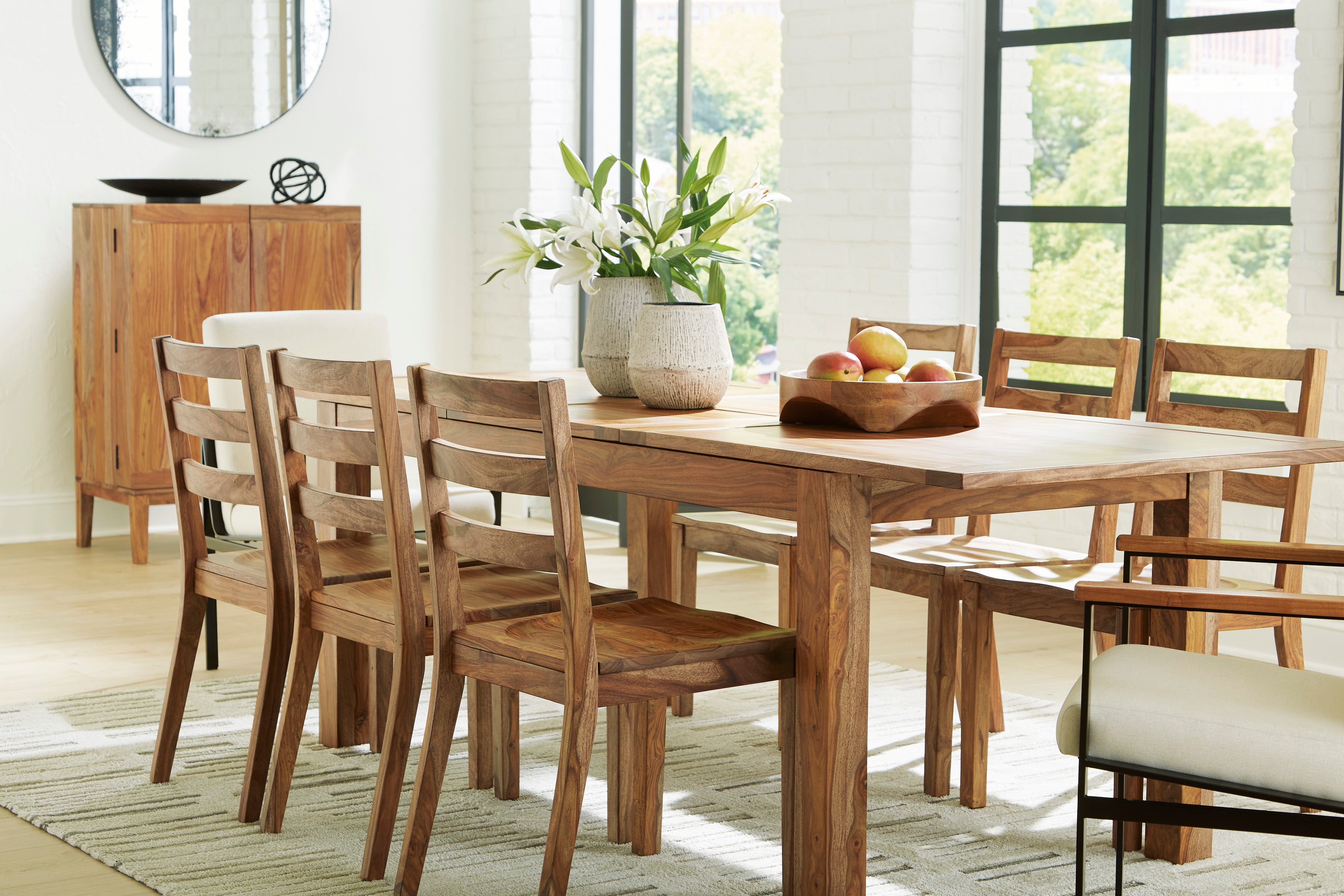 Expandable Dahlia Dining Table Set with 6 Wooden Side Chairs & 2 Armchairs - Perfect for Family Dinners and Entertaining Guests