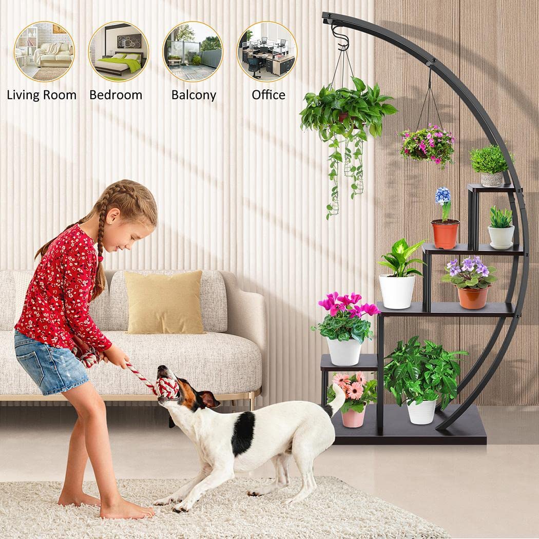 SEJOV 5-Tier Metal Plant Stand - Half Moon Shaped Ladder Flower Pot Rack for Indoor & Outdoor Use | Perfect for Living Room, Balcony, Bedroom & Patio Decor | Space-Saving Plant Holder Shelf (Black, 1 Pack)