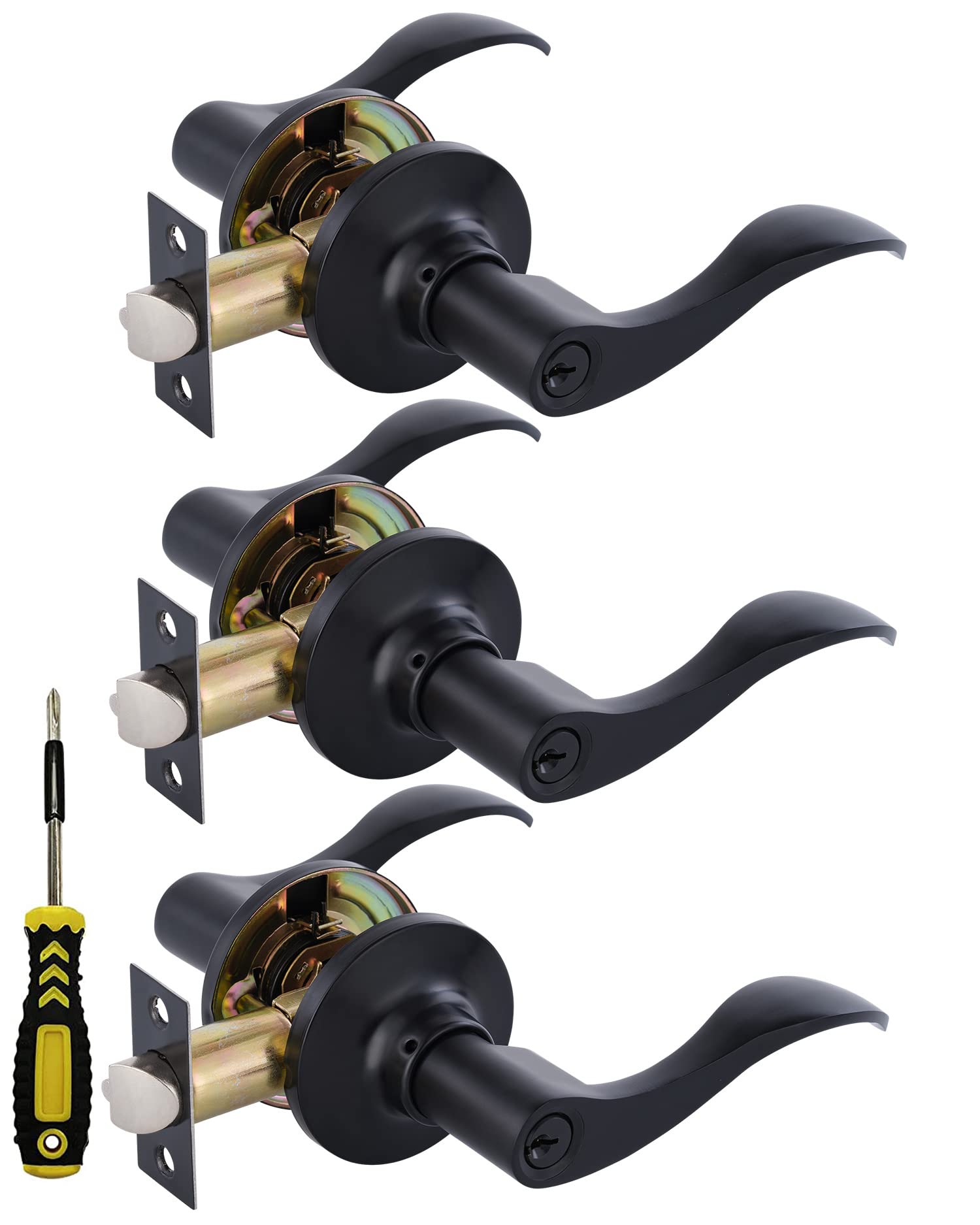 (3 Pack) Matte Black Wave Style Entry Levers with Keys - Interior & Exterior Door Handles with Lock - Secure Bathroom & Bedroom Door Locksets for Home Privacy & Safety