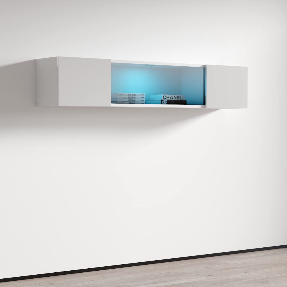 Modern Floating Media Cabinet - Type 52 Rectangular Hanging Storage Unit | Durable Wooden Wall-Mounted TV Stand with High Gloss Finish & LED Lighting (White) | Perfect for Living Room, Bedroom & Home Theater Organization