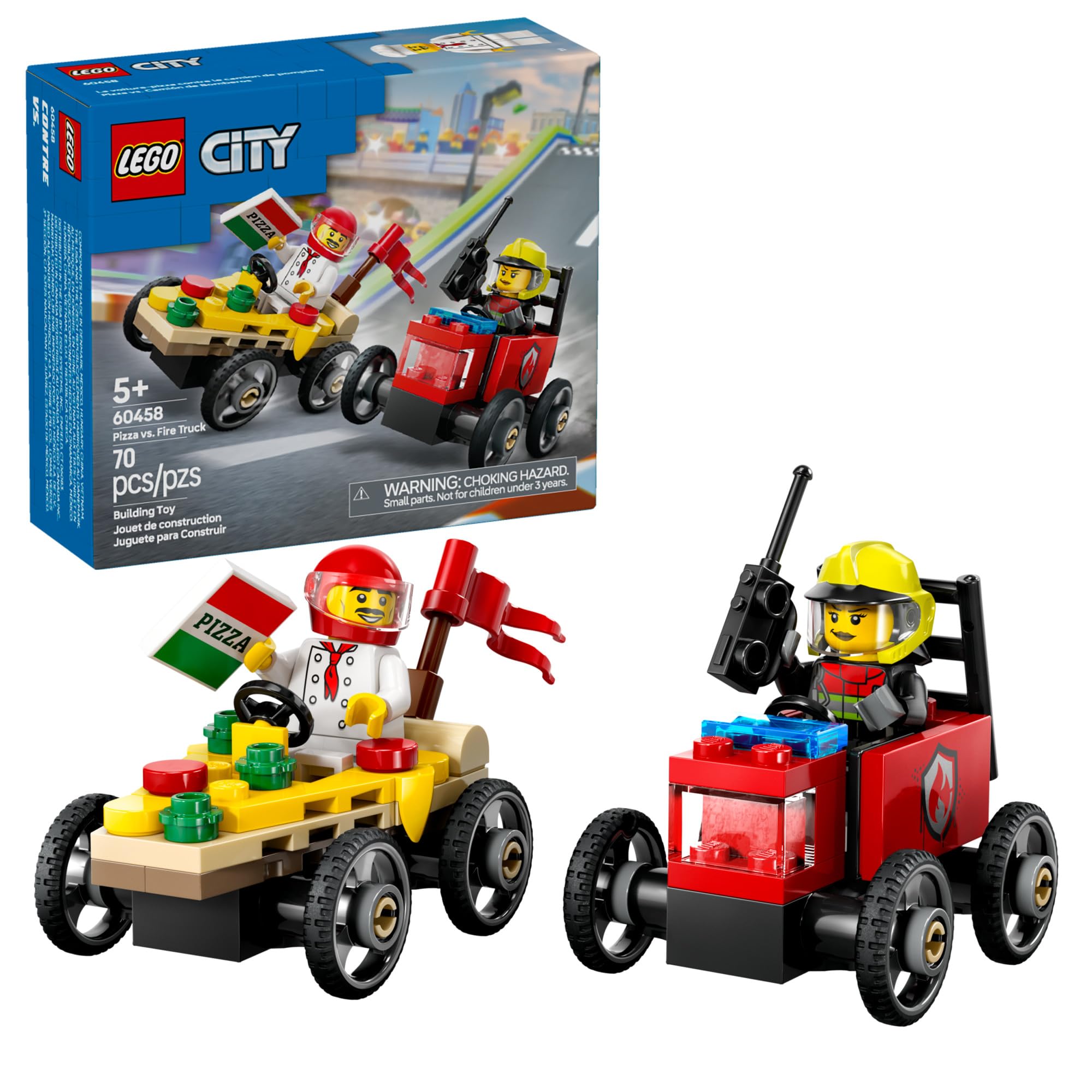 LEGO City Pizza vs. Fire Truck Race Car Building Set (60458) - Fun Construction Toy for Kids Ages 5+ with Chef & Firefighter Minifigures - Perfect Birthday & Holiday Gift for Boys & Girls - Great for Creative Play & Role-Playing Scenarios