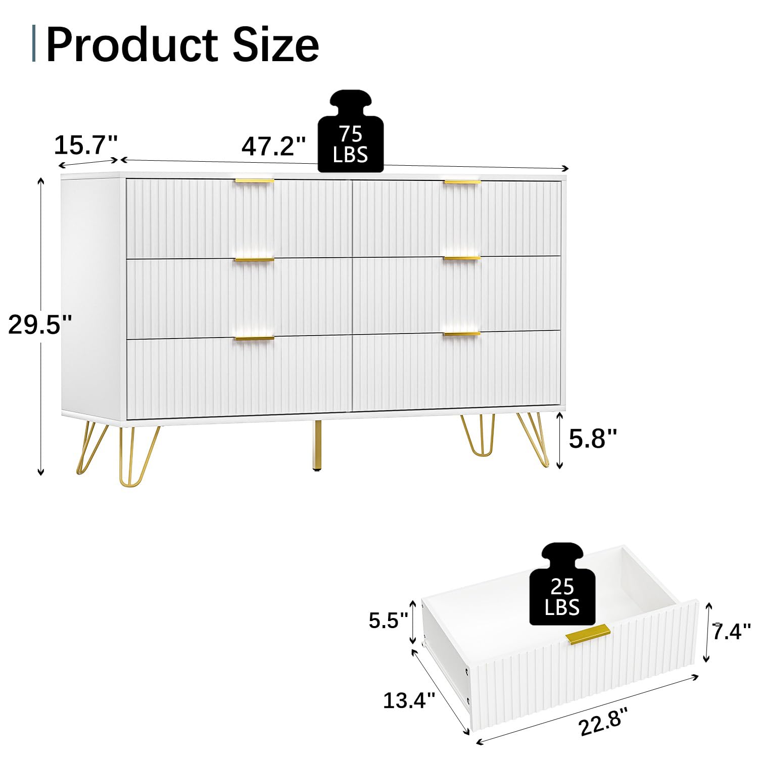 Modern White 6-Drawer Dresser with Gold Handles - Elegant Chest of Drawers for Bedroom & Living Room Storage, Perfect for Organizing Clothes, Linens, and Home Decor