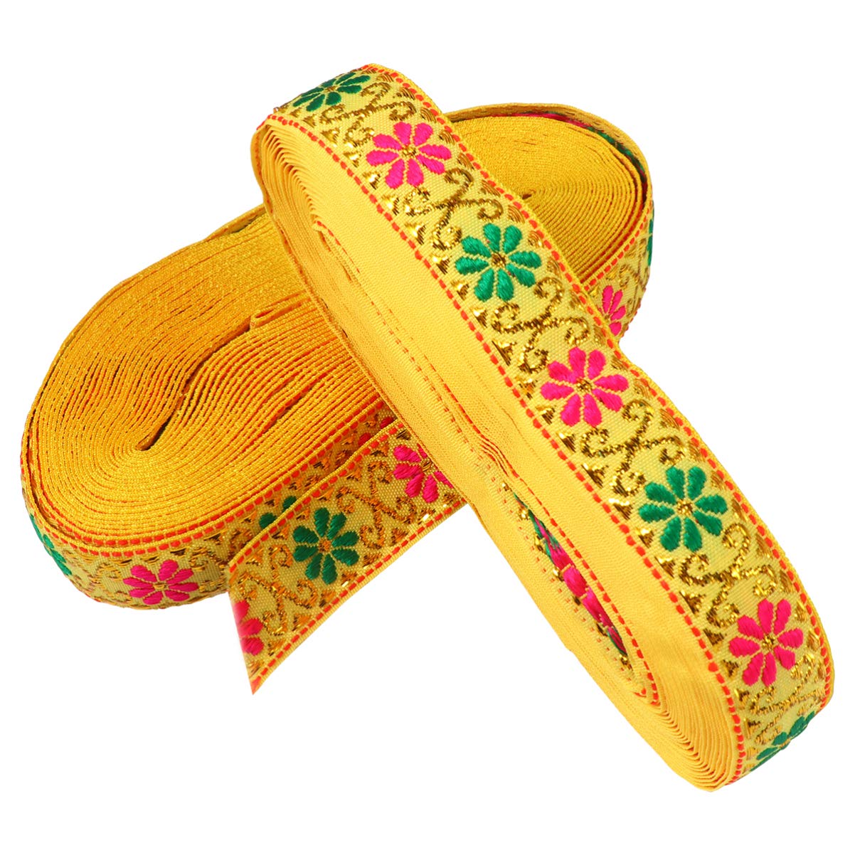 EXCEART 2-Pack Floral Embroidered Jacquard Ribbon - Ethnic Woven Trim Fabric for DIY Crafts, Hair Bows, Gift Wrapping & Home Decor (Yellow) - Perfect for Scrapbooking, Sewing Projects & Bohemian Style Accessories