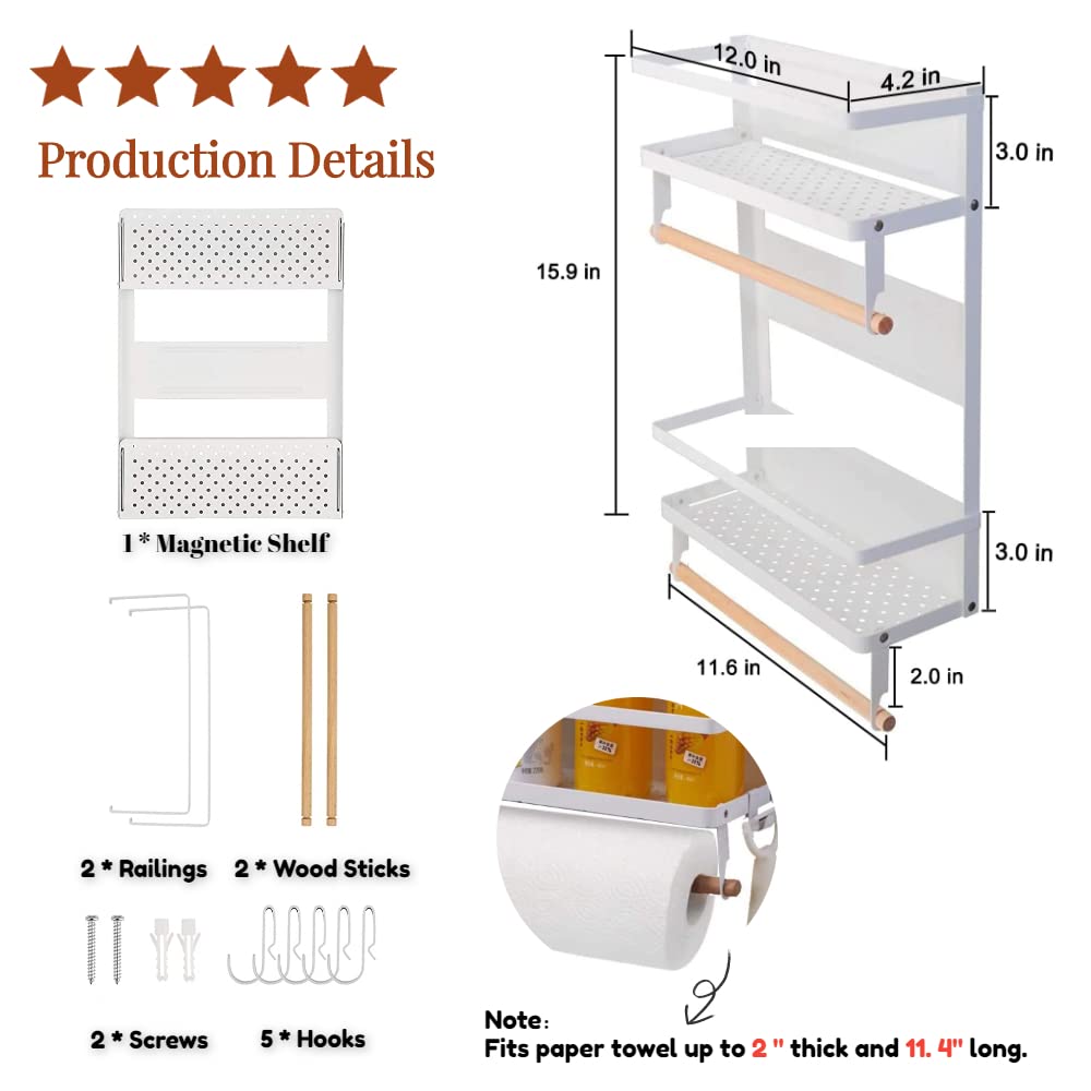 2-Tier Magnetic Spice Rack & Paper Towel Holder - White Large Refrigerator Organizer for Kitchen Storage | Space-Saving Spice Shelf for Pantry, Cabinets & Countertops