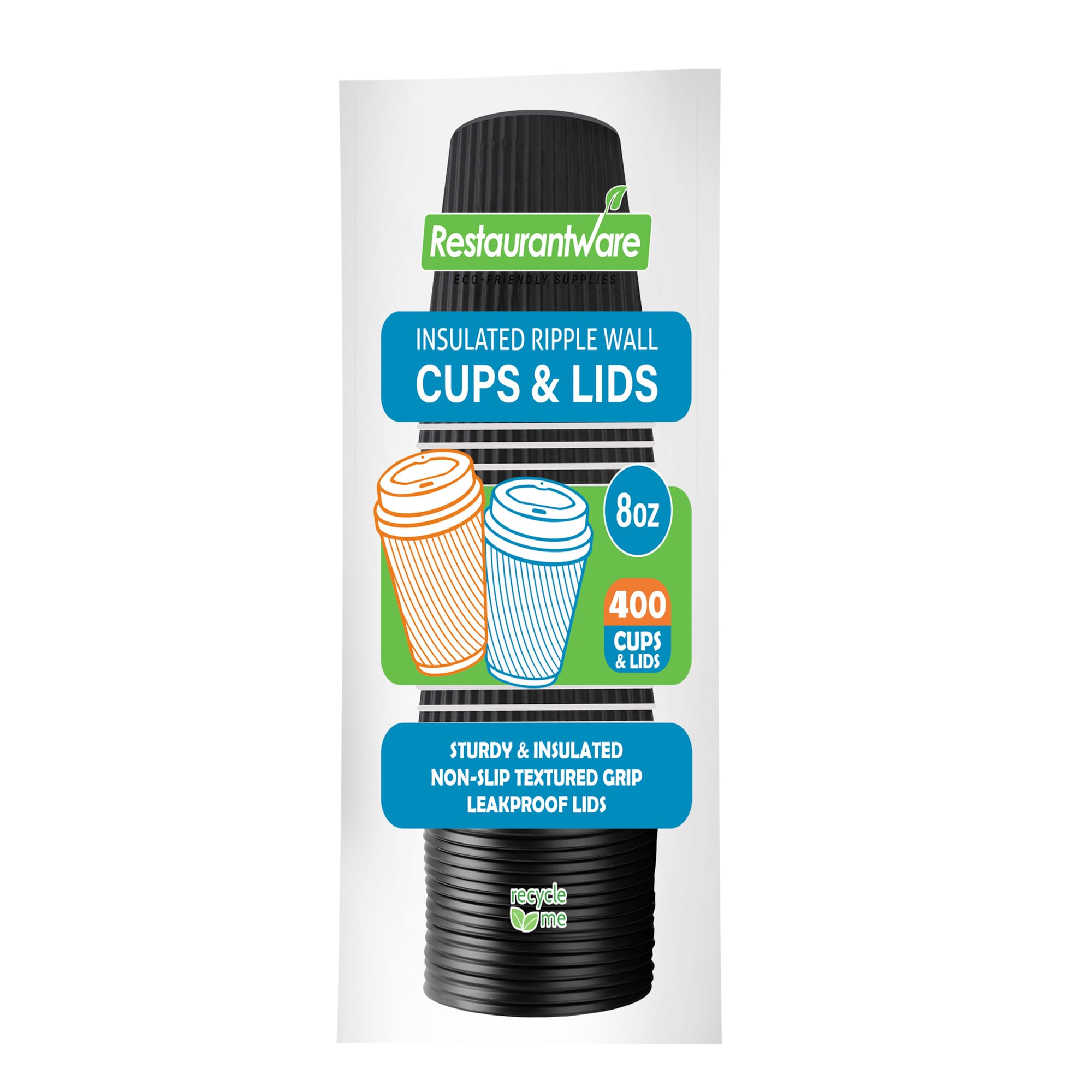 Restaurantware 8oz Insulated Coffee Cups with Lids - 400 Pack Leakproof Ripple Wall Hot Drink Cups | Disposable Black Paper Cups for Coffee, Tea, Hot Chocolate & Lattes | Perfect for Cafes, Offices & Catering Events
