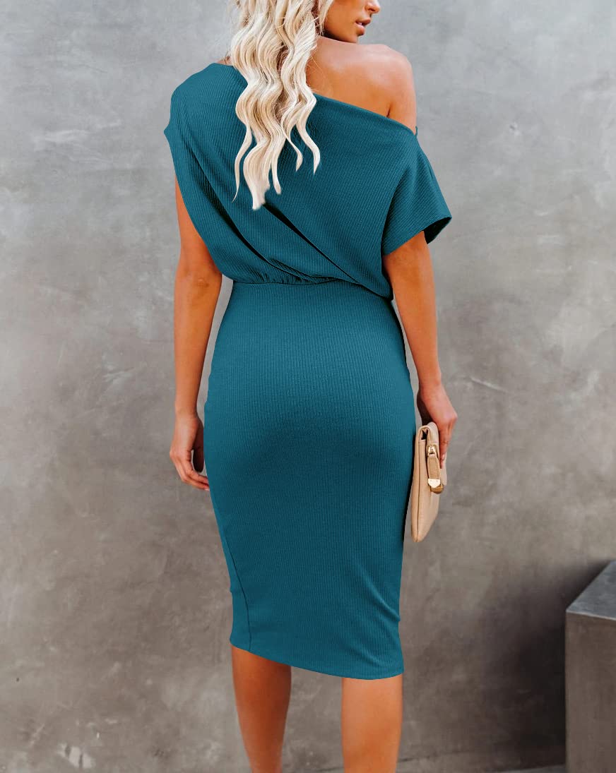 Ezbelle Women's 2025 Summer Off Shoulder Short Sleeve Ribbed Bodycon Midi Dress - Casual Party Wear, Beach Vacation, Date Night Outfit