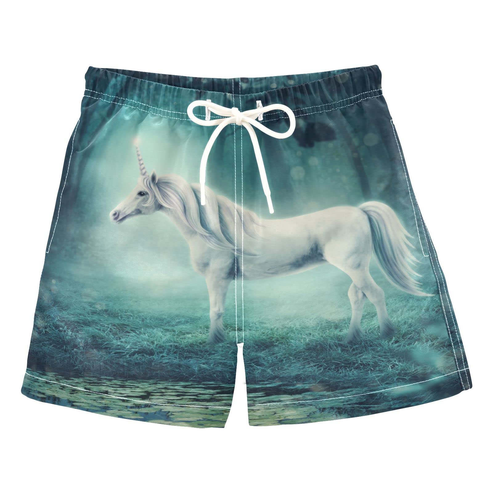 Boys White Unicorn Swim Trunks with Mesh Lining - Quick Dry Adjustable Waist Beach Shorts for Swimming, Pool Party & Summer Vacation