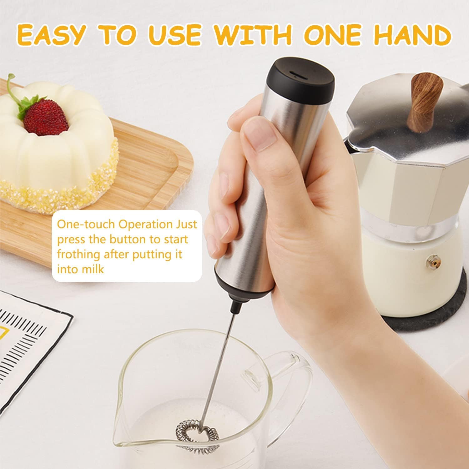 Rechargeable Milk Frother Handheld - Electric Coffee Mixer with Stand & Detachable Stainless Steel Whisk for Lattes, Cappuccino, Matcha - Perfect for Home, Office & Coffee Shops (Stainless Steel)