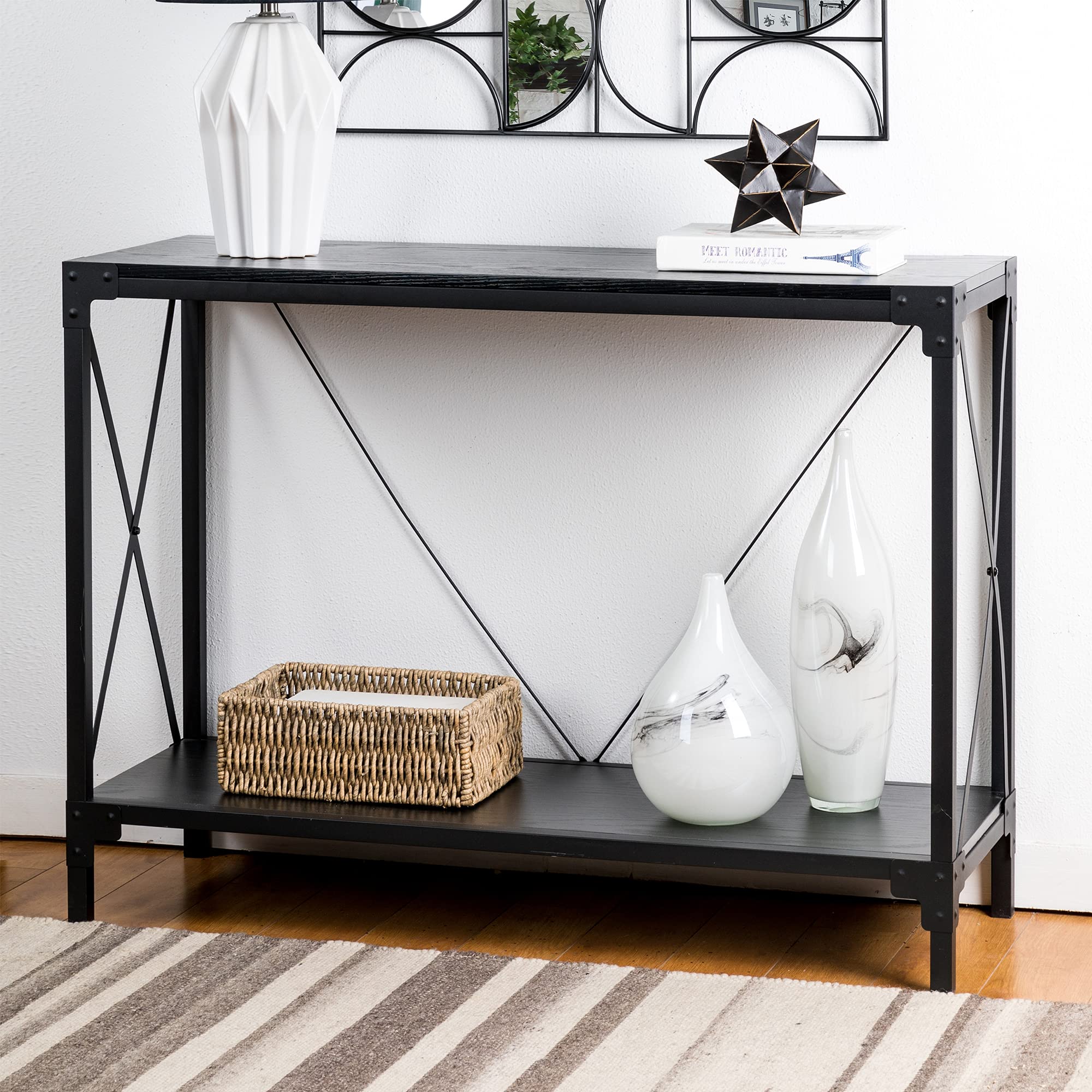 Glitzhome Industrial Console Sofa Table - Sturdy Wood & Metal Frame Entryway Table for Living Room, Office - Black Oak Finish | Perfect for Hallway Decor, Behind Sofa & Workspace Organization