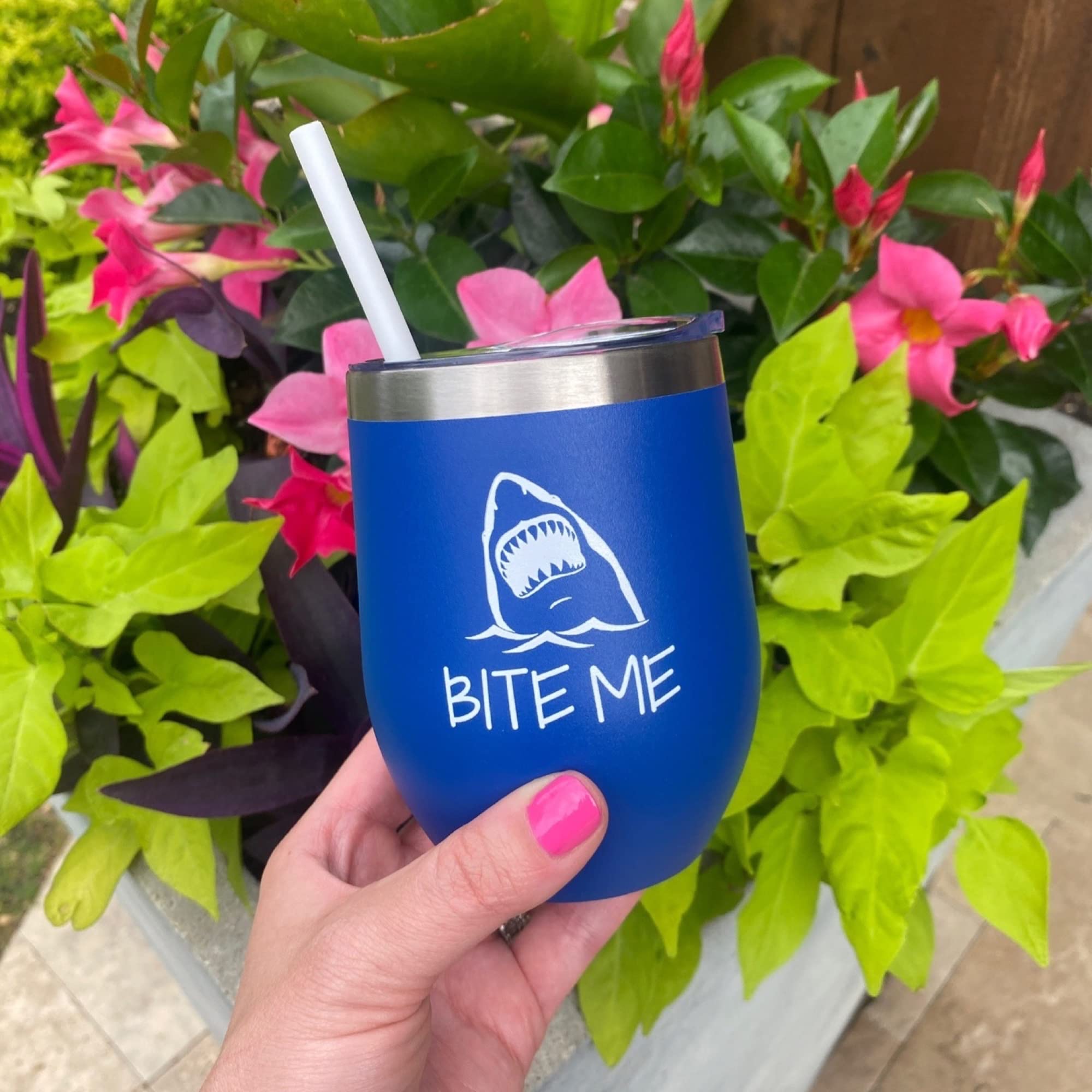 Shark Bite Me Tumbler - Funny Shark Gift for Shark Week, Shark Lover, Men & Women - Blue 12oz Wine Tumbler for Beach Parties, Outdoor Adventures & Shark Enthusiasts