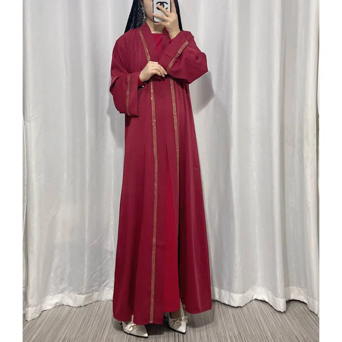 Hotfix Rhinestone Trim Muslim Women's Cardigan Open Abaya Dress - Elegant Islamic Fashion for Prayer, Wedding & Special Occasions