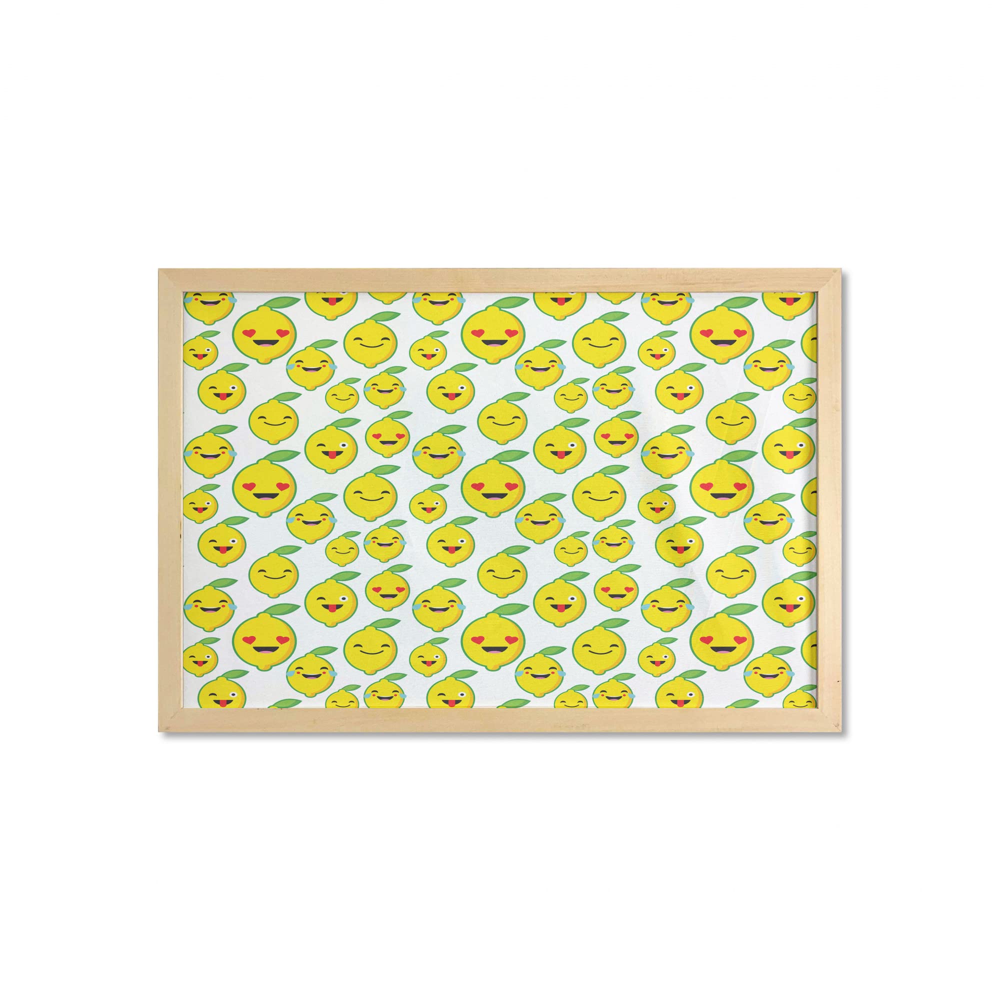 Ambesonne Lemon Wall Art with Frame - Cartoon Style Lemon Emoticon with Happy Faces, Printed Fabric Poster for Bathroom, Living Room & Dorm Decor - 35