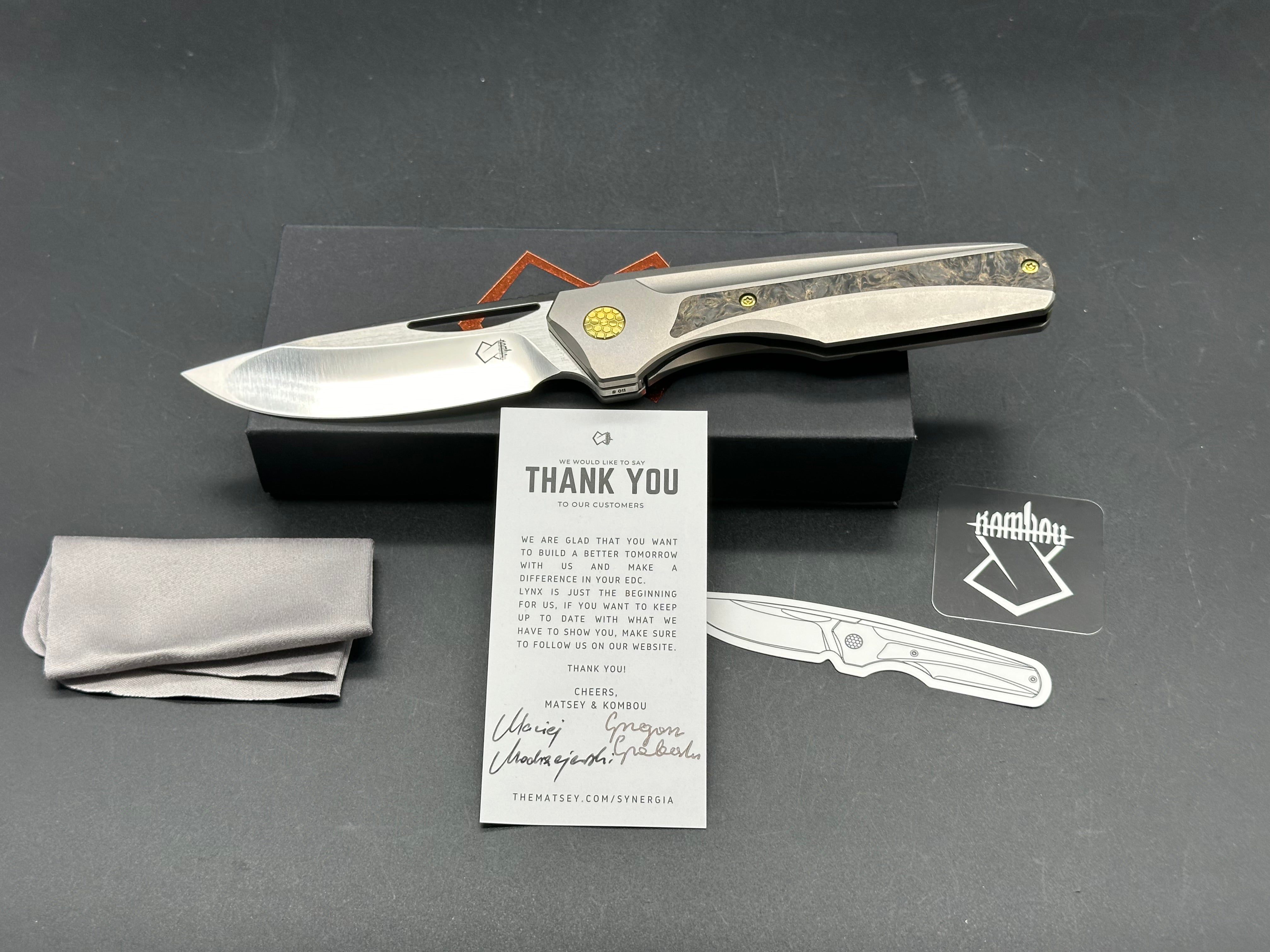 Premium Lynx Grey Titanium Handle Folding Knife with Gold Marble Carbon Fiber & Gold Anodized Accents - Drop Point Satin Mangnacut Blade - EDC, Outdoor, Camping, Hunting & Survival Gear
