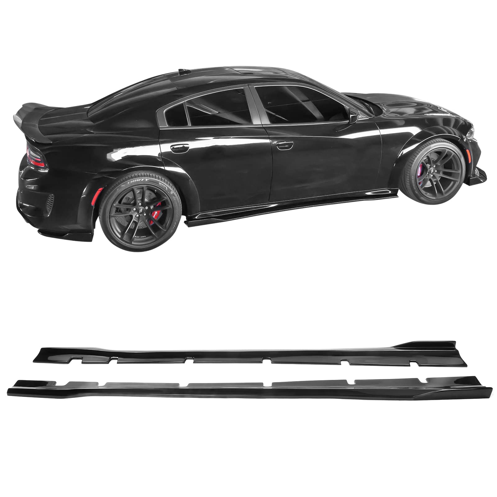 IKON MOTORSPORTS Side Skirts for 2020-2023 Dodge Charger Widebody Sedan 4-Door | Gloss Black PP Rocker Panel Extensions | Left & Right Hand Fitment | Enhance Style & Protection for Street Racing & Car Shows