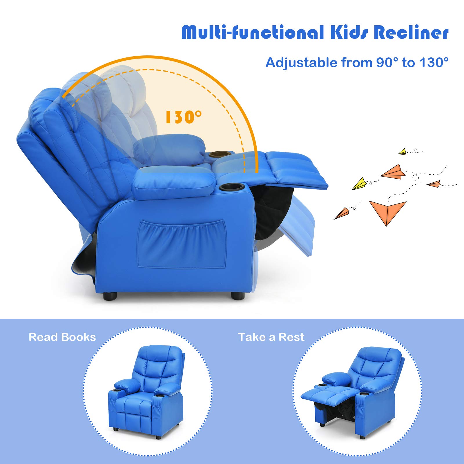Kids Recliner Chair with 2 Cup Holders & 3 Pockets - Adjustable PU Leather Toddler Sofa for Boys Girls Age 3+ (Blue) - Perfect for Playroom, Bedroom, Movie Nights & Relaxation