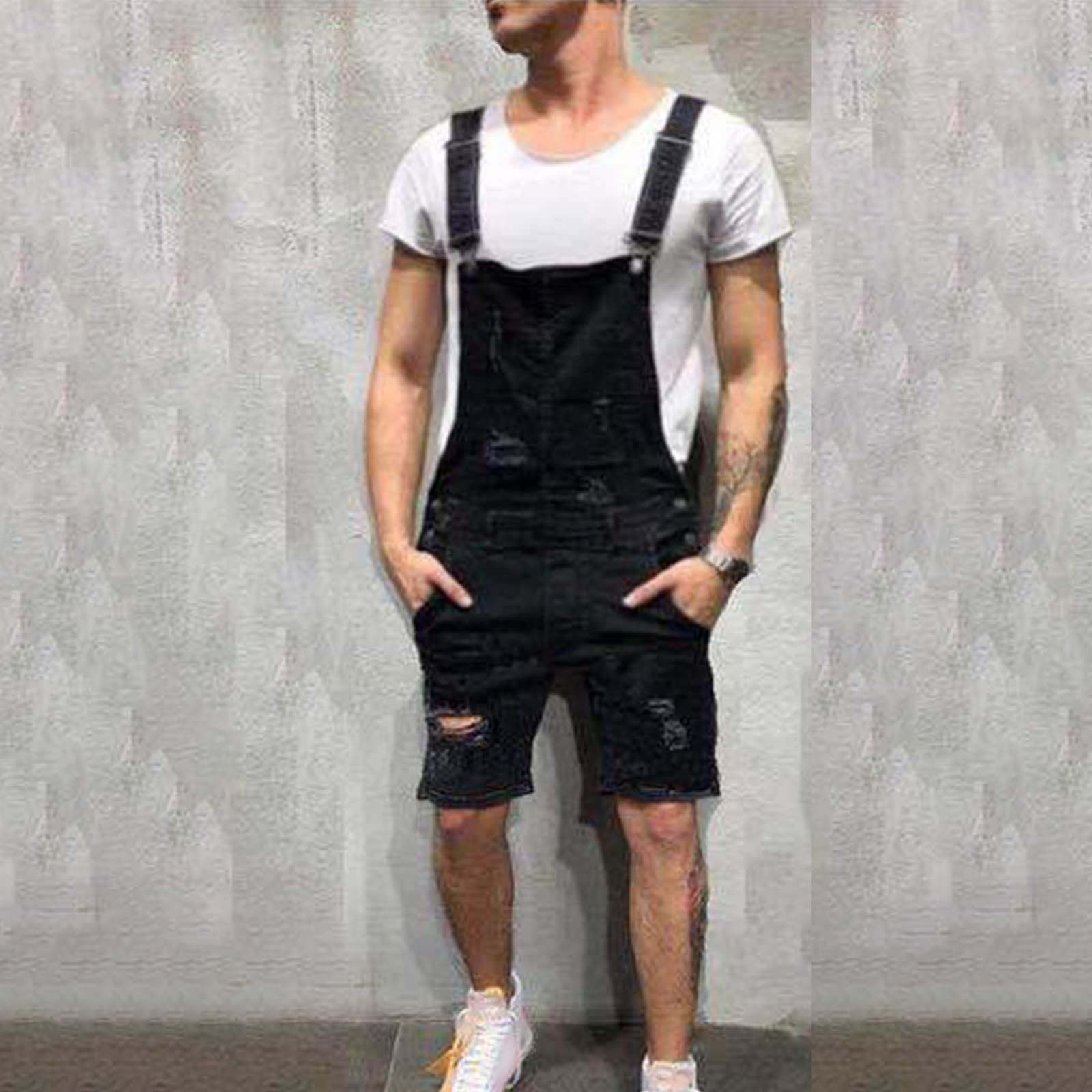 Men's Ripped Denim Bib Overalls Shorts - Adjustable Straps, Knee-Length Jumpsuit for Casual Wear, Workwear & Motorcycle Riding | Carpenter, Biker & Outdoor Activities
