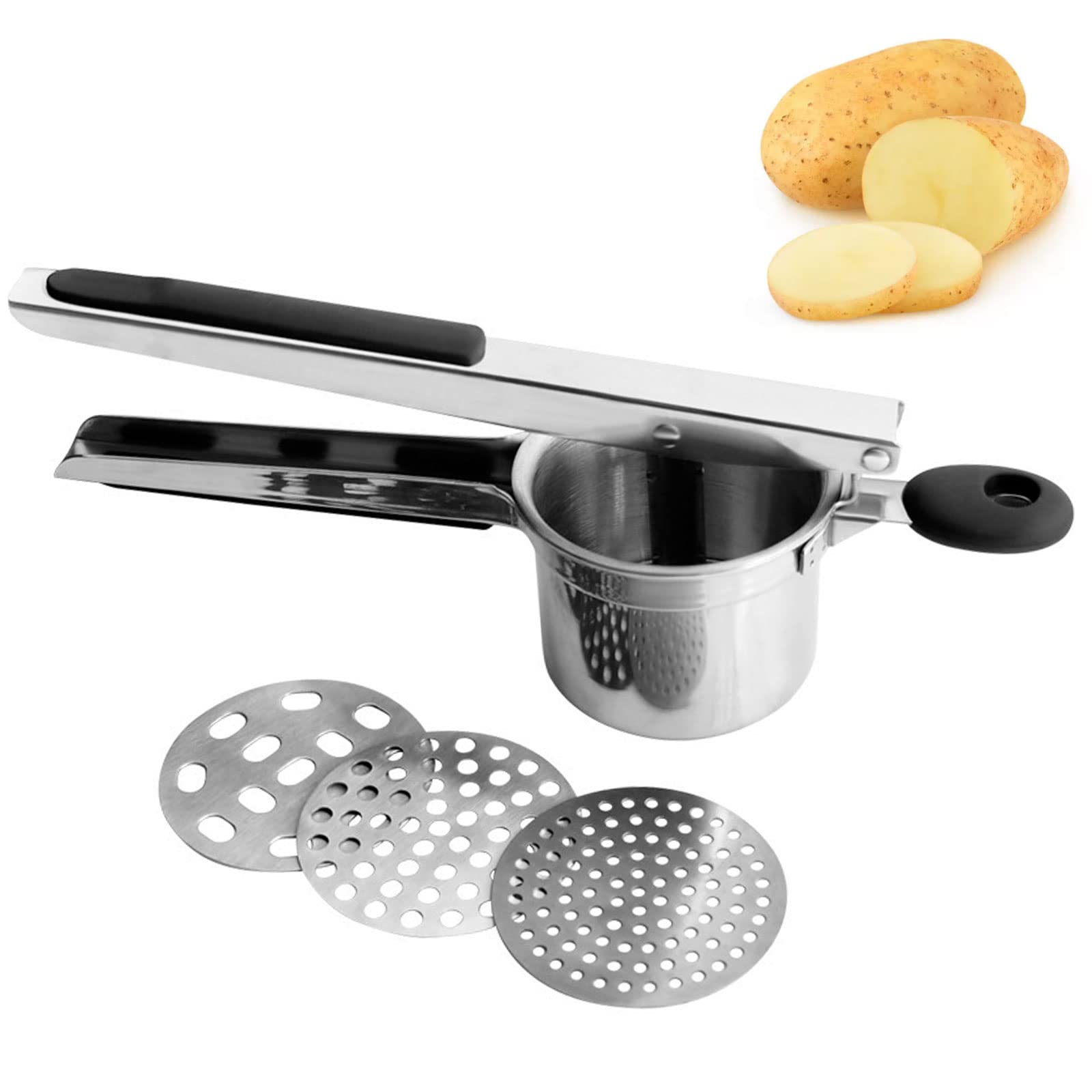 Premium Stainless Steel Potato Ricer with 3 Interchangeable Discs - Heavy Duty Large Capacity Masher for Smooth Creamy Potatoes, Vegetables, Fruits & Baby Food - Perfect for Home Cooking, Restaurants & Meal Prep