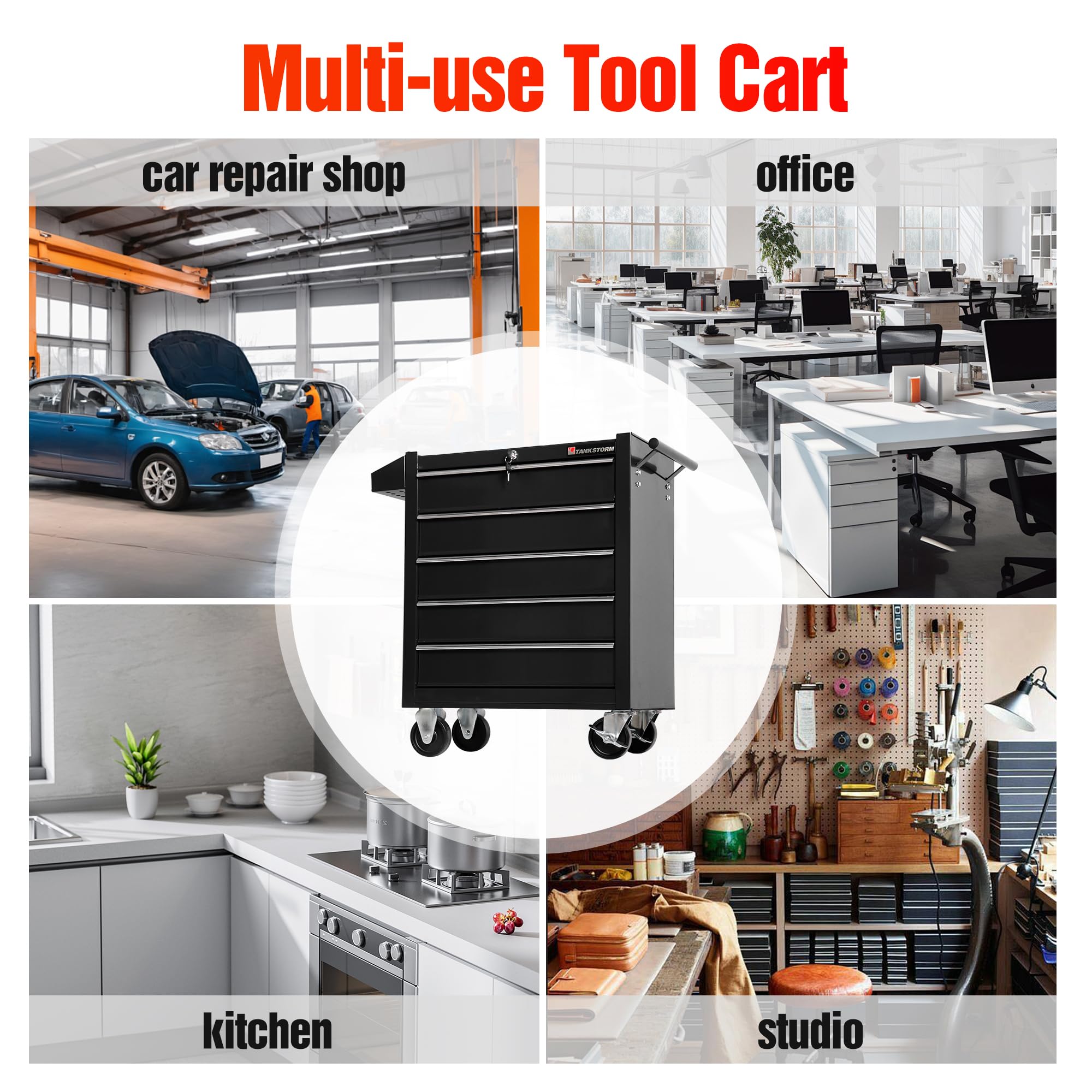 Heavy Duty 5-Drawer Steel Rolling Tool Chest Cart with Lockable Drawers - TZ35-BK Tool Box for Garage, Workshop & Professional Mechanics