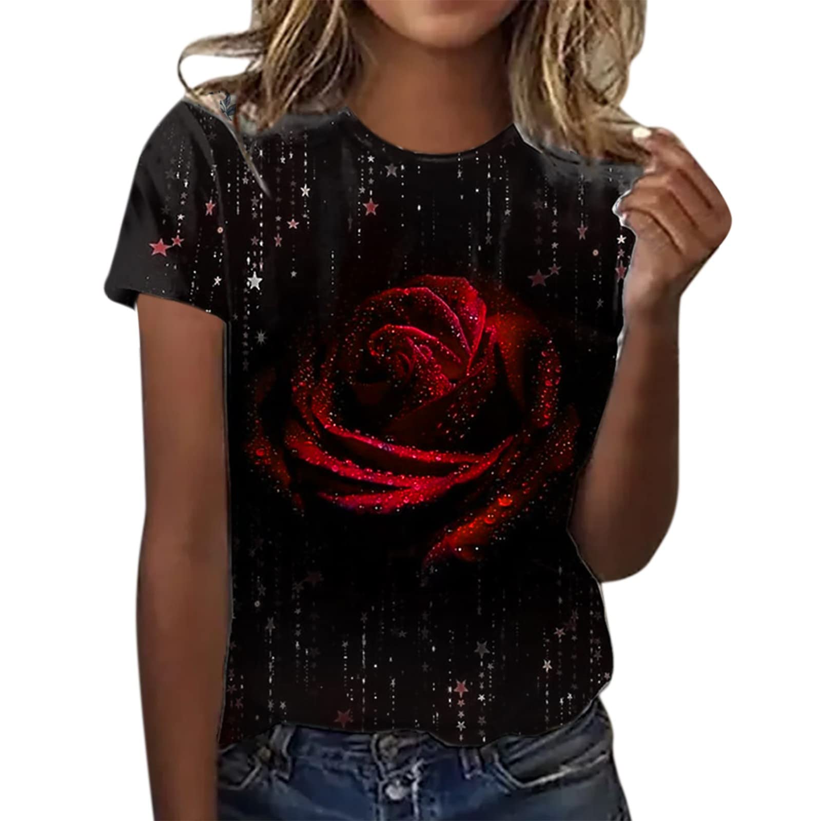 **Stylish Women's Floral Print Short Sleeve T-Shirt - Crew Neck Casual Summer Top - Red XL - Perfect for Beach Outings, Picnics & Everyday Wear**